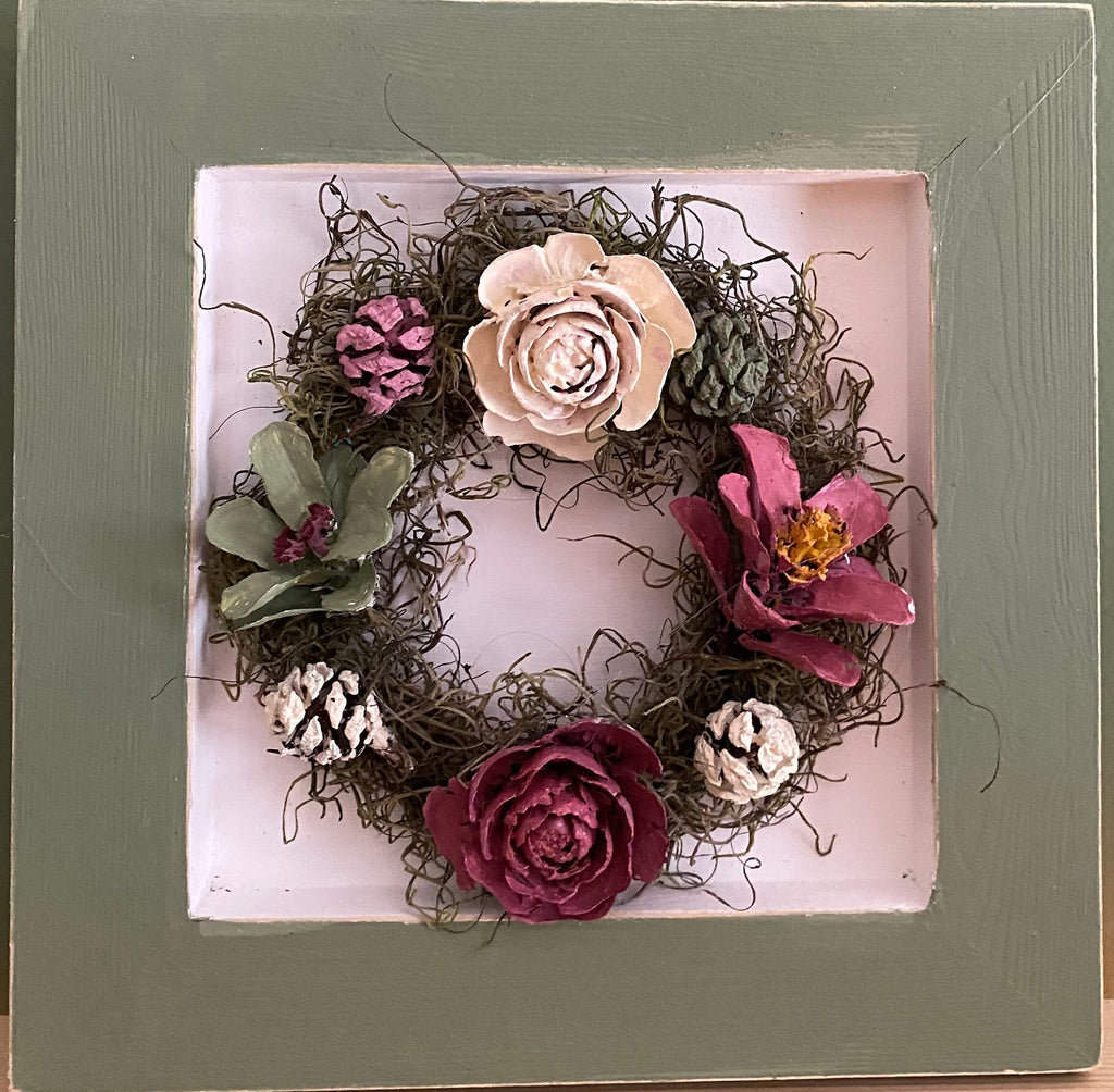 Pine Cone Framed Wreath Wall Hanging - Sage Green, Dusty Rose and Cream - Hand made 8 inch x 8 inch