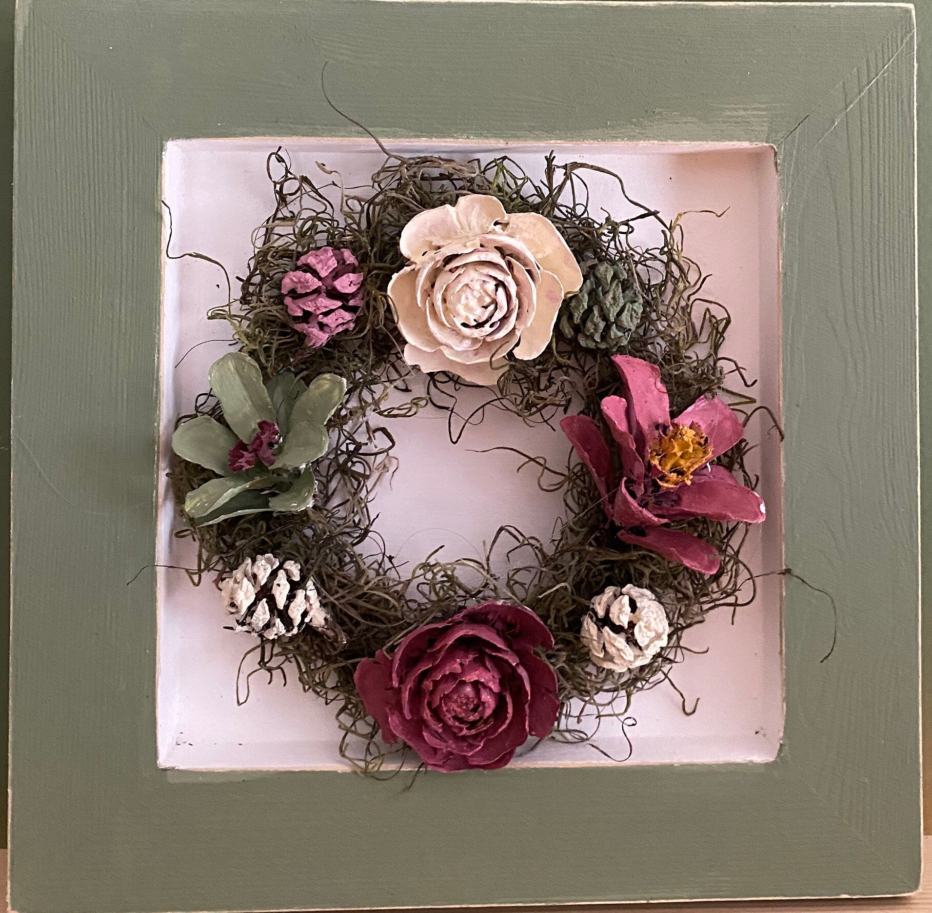 Pine Cone Framed Wreath Wall Hanging - Sage Green, Dusty Rose and Cream - Hand made 8 inch x 8 inch