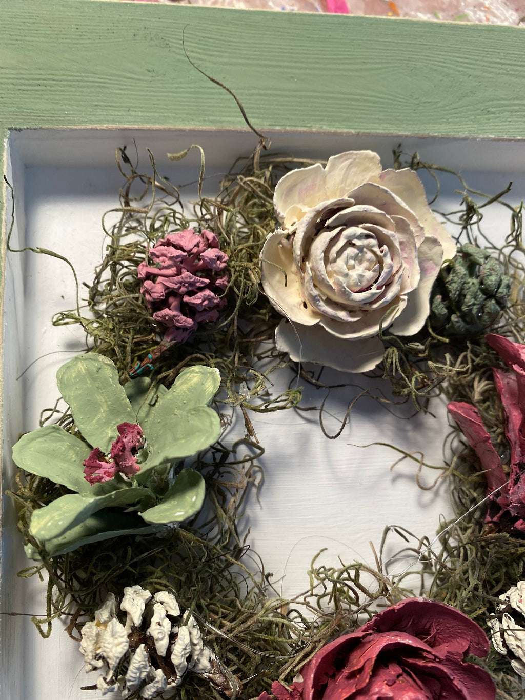 Pine Cone Framed Wreath Wall Hanging - Sage Green, Dusty Rose and Cream - Hand made 8 inch x 8 inch