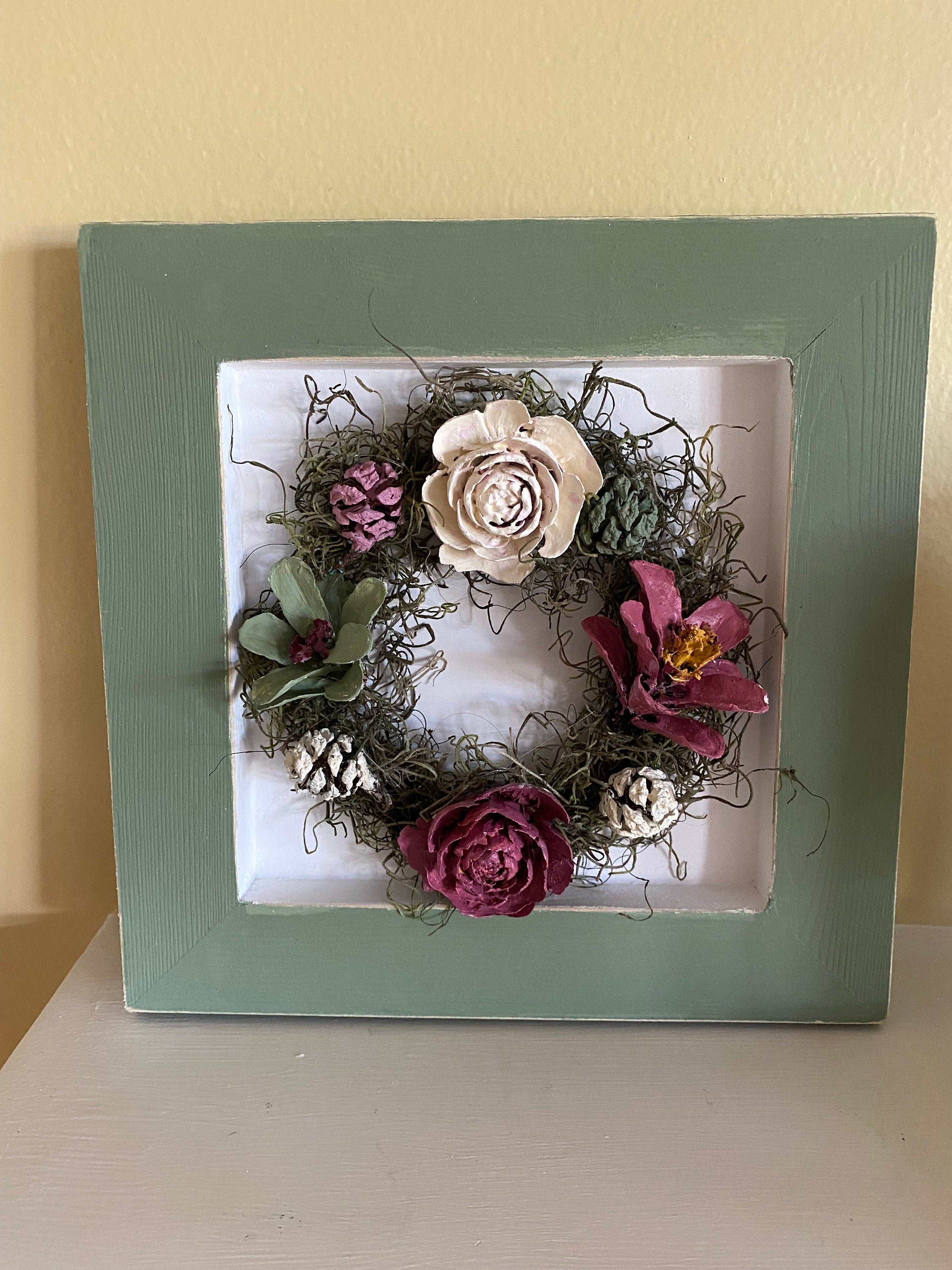 Pine Cone Framed Wreath Wall Hanging - Sage Green, Dusty Rose and Cream - Hand made 8 inch x 8 inch