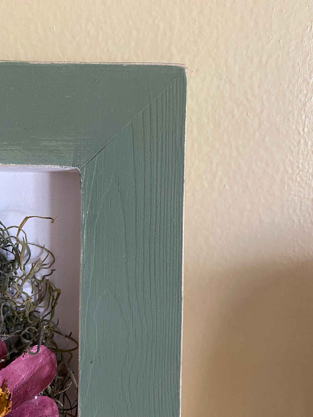 Pine Cone Framed Wreath Wall Hanging - Sage Green, Dusty Rose and Cream - Hand made 8 inch x 8 inch