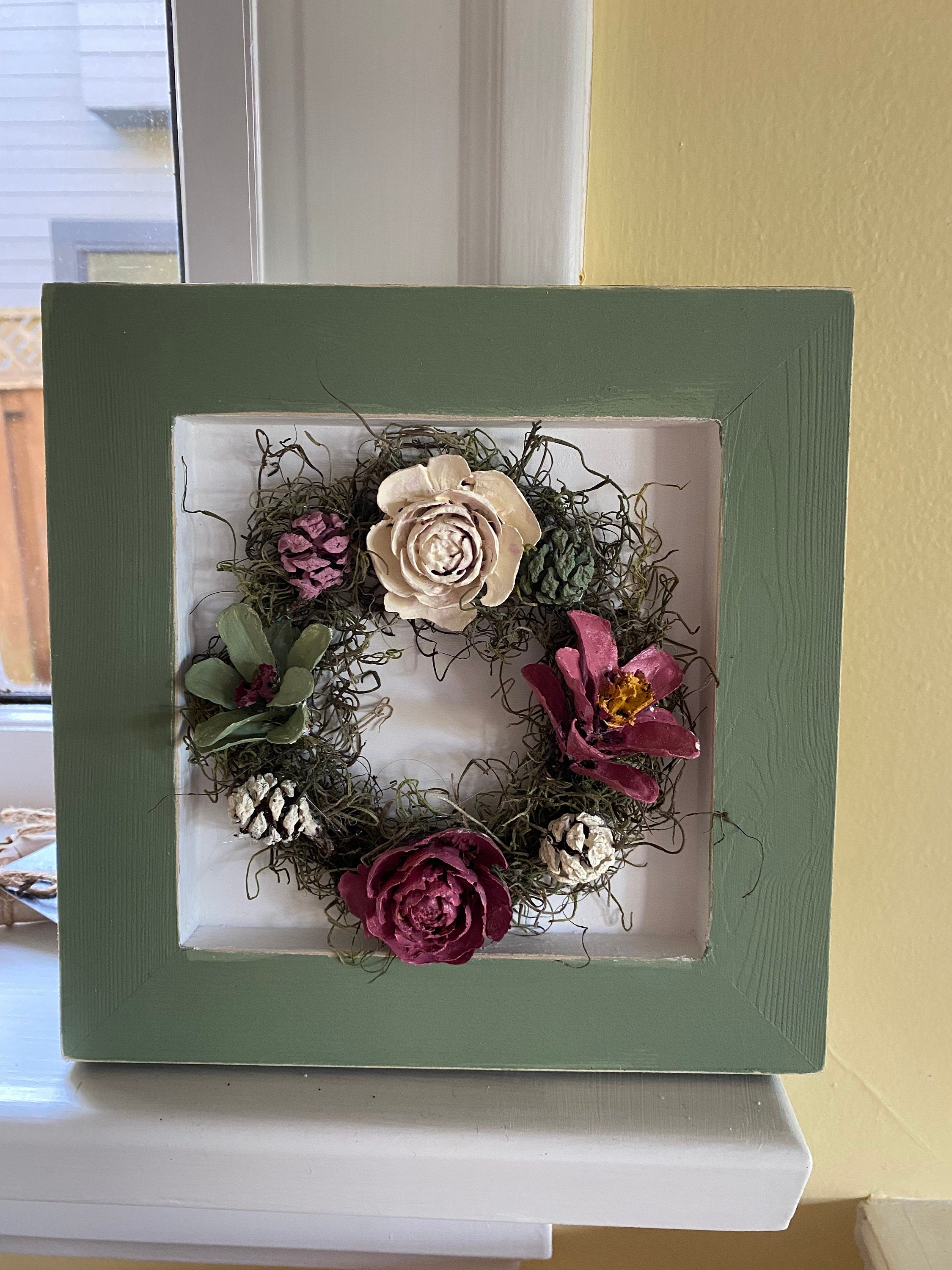 Pine Cone Framed Wreath Wall Hanging - Sage Green, Dusty Rose and Cream - Hand made 8 inch x 8 inch