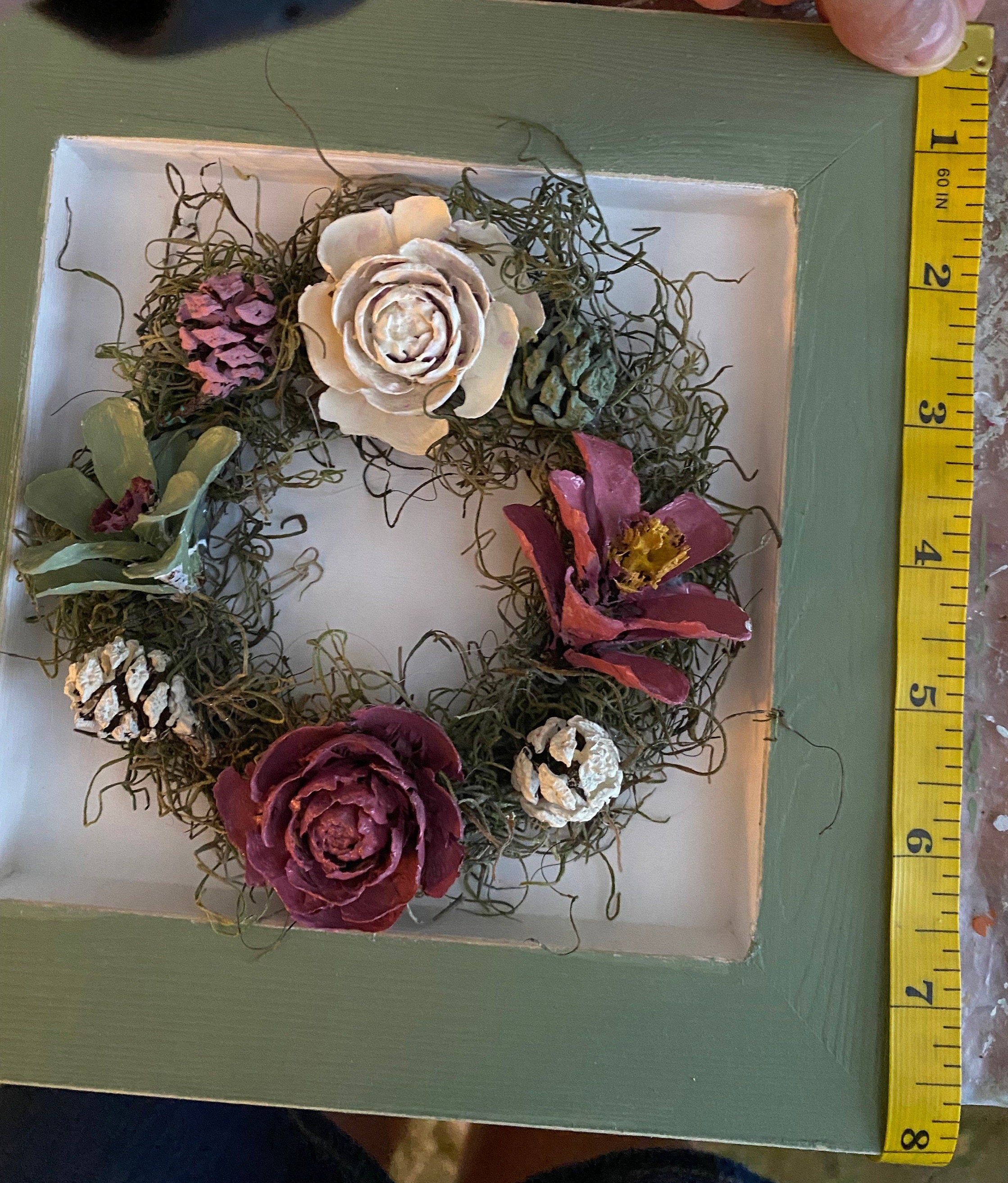 Pine Cone Framed Wreath Wall Hanging - Sage Green, Dusty Rose and Cream - Hand made 8 inch x 8 inch