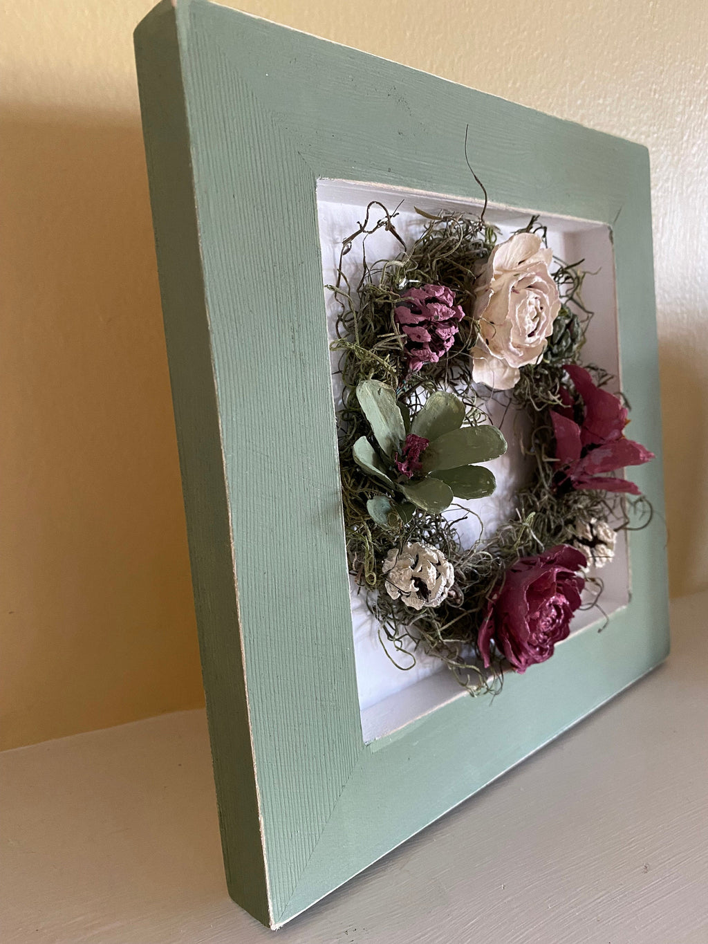 Pine Cone Framed Wreath Wall Hanging - Sage Green, Dusty Rose and Cream - Hand made 8 inch x 8 inch
