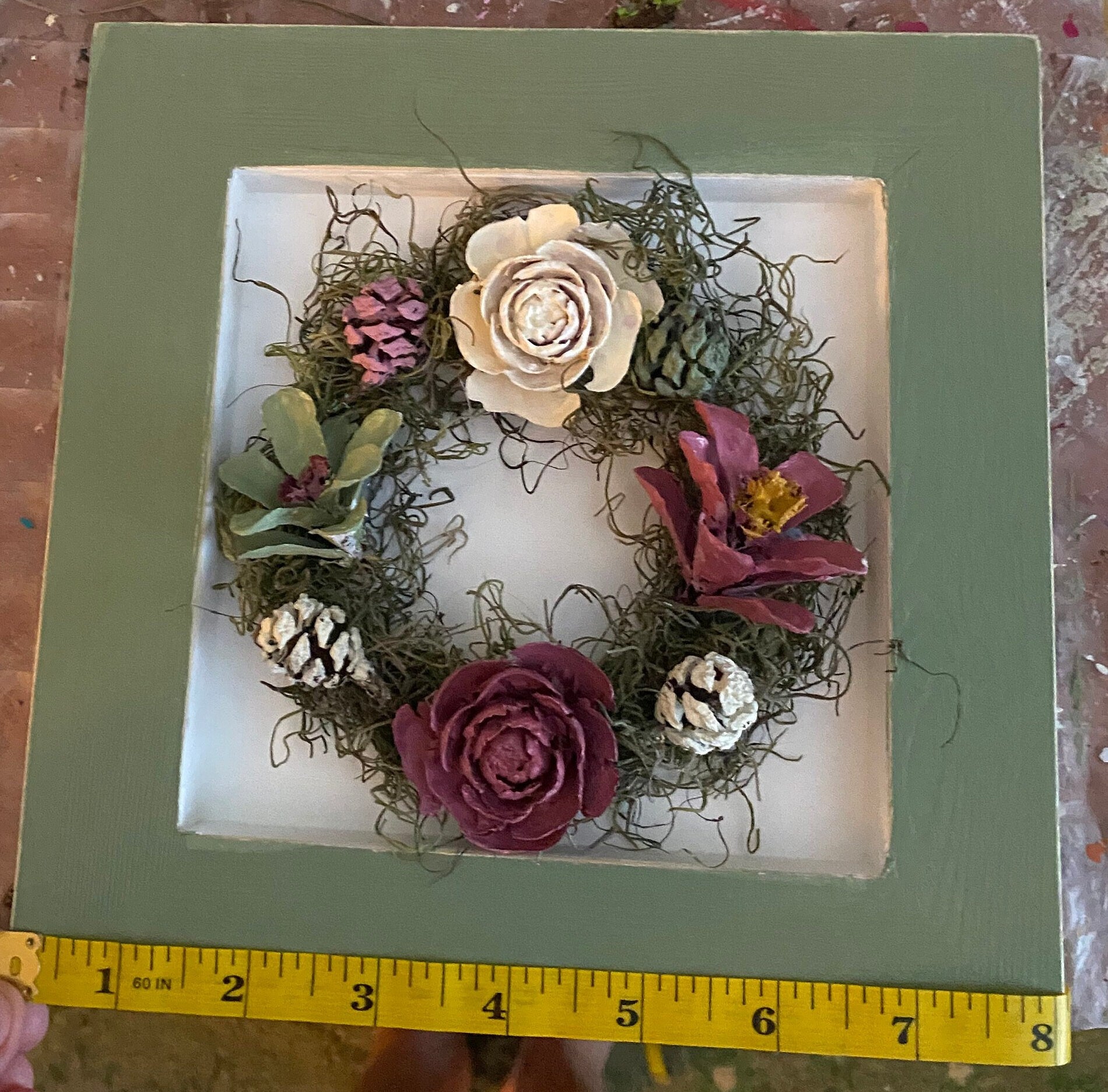 Pine Cone Framed Wreath Wall Hanging - Sage Green, Dusty Rose and Cream - Hand made 8 inch x 8 inch