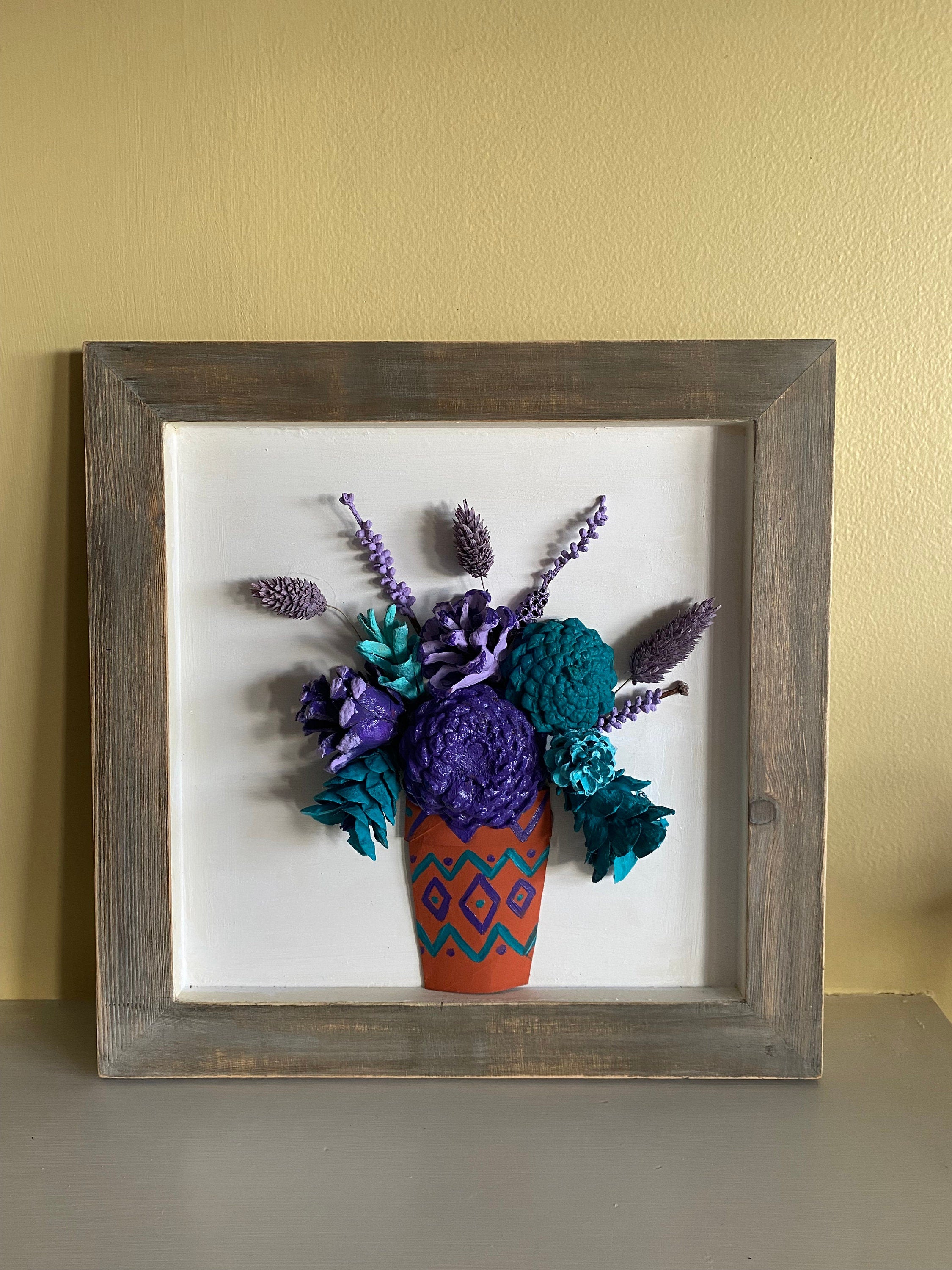 Wall Hanging - Pine Cone Flowers in Terra Cotta Pot - Purple, Aqua & Turquoise Flowers with dried flower accents navajo design