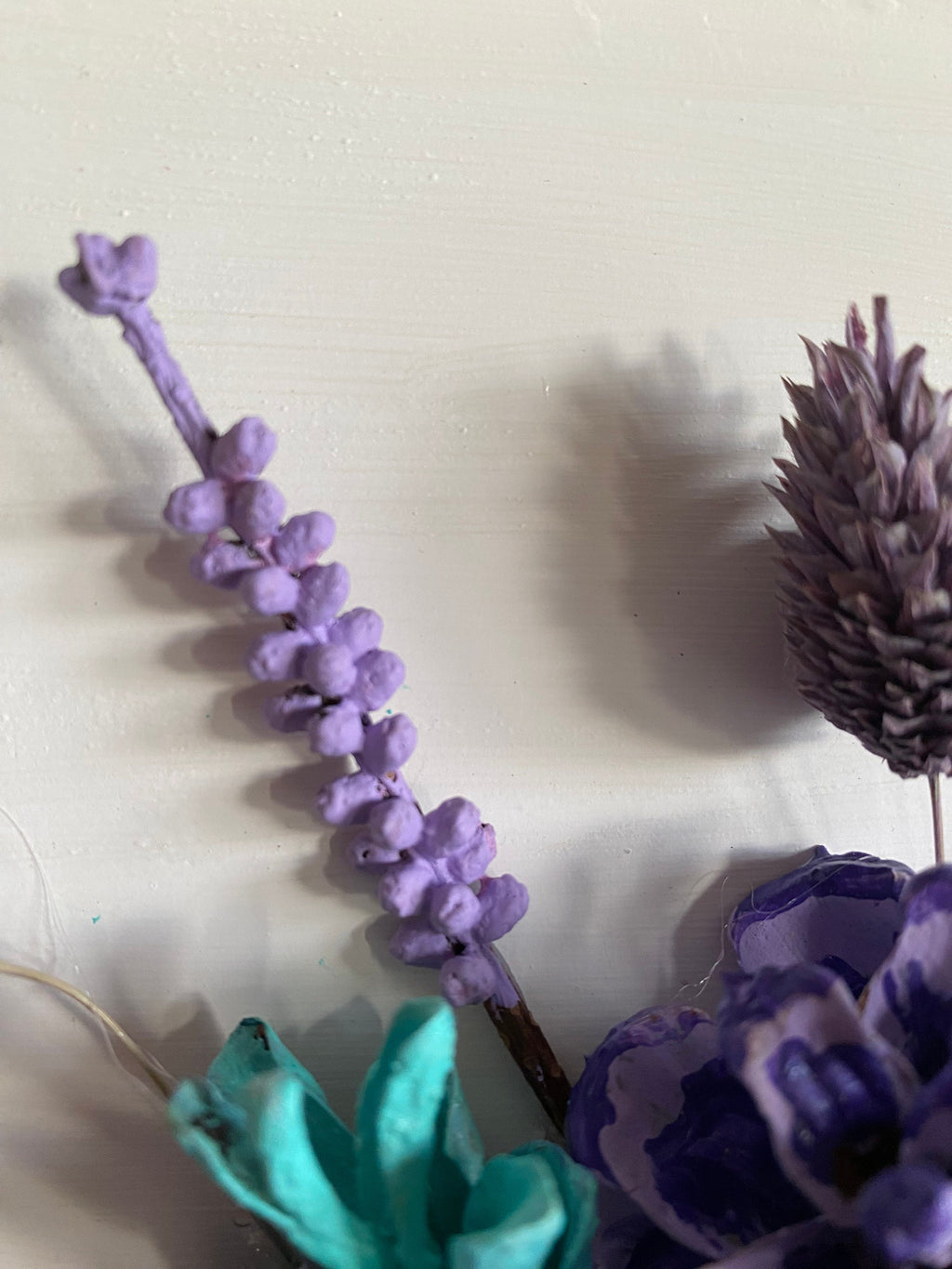 Wall Hanging - Pine Cone Flowers in Terra Cotta Pot - Purple, Aqua & Turquoise Flowers with dried flower accents navajo design