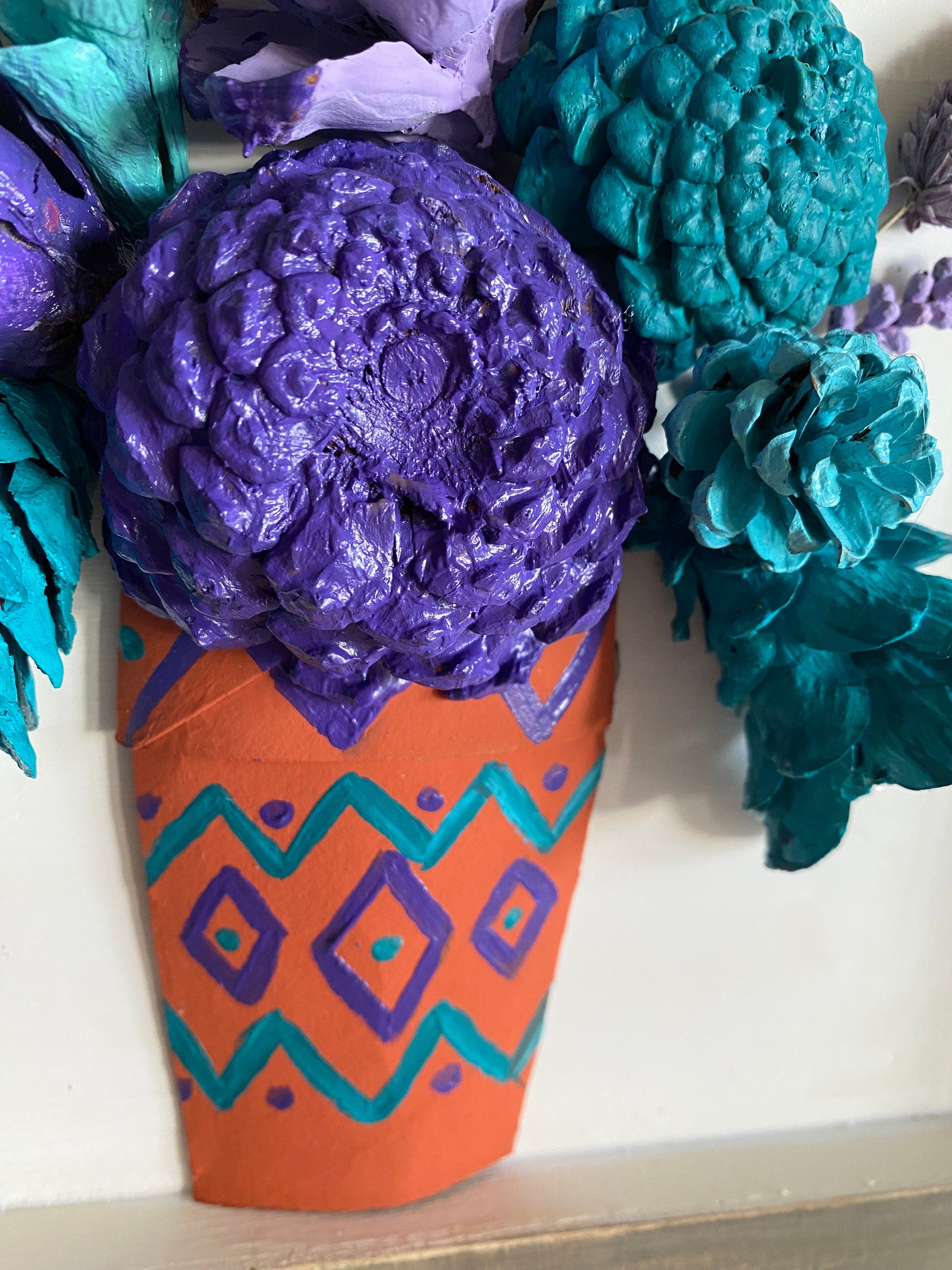 Wall Hanging - Pine Cone Flowers in Terra Cotta Pot - Purple, Aqua & Turquoise Flowers with dried flower accents navajo design