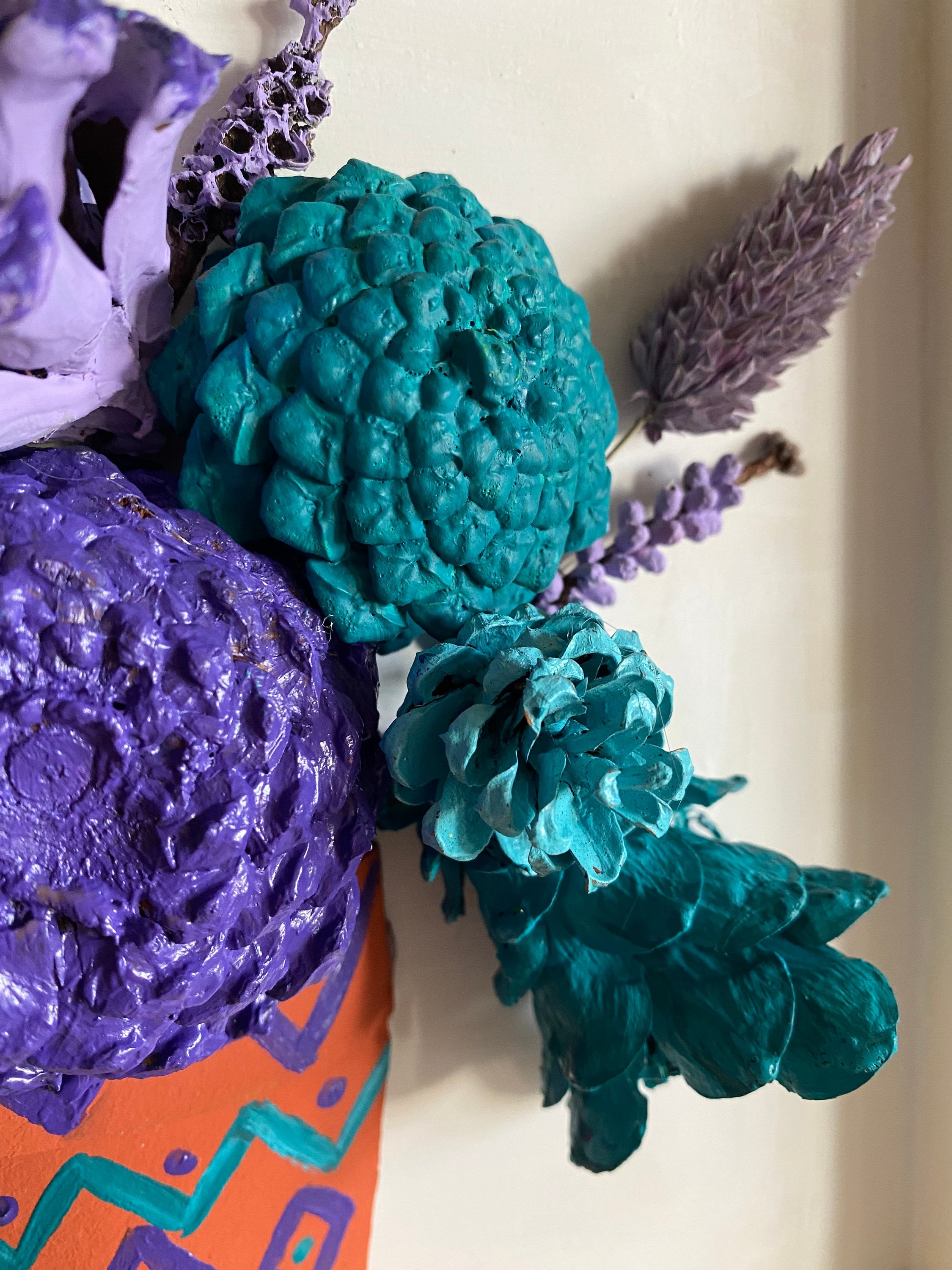 Wall Hanging - Pine Cone Flowers in Terra Cotta Pot - Purple, Aqua & Turquoise Flowers with dried flower accents navajo design