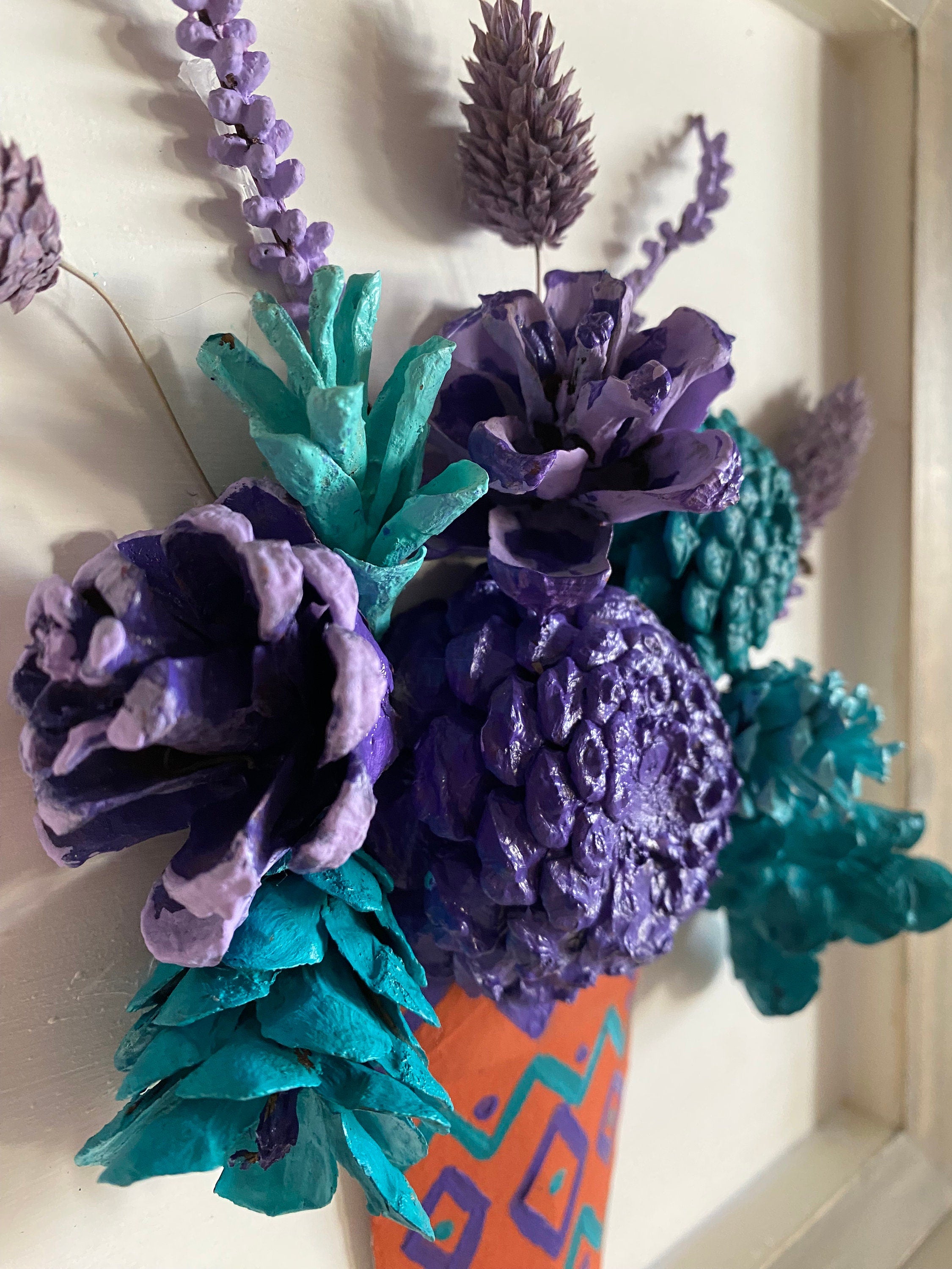 Wall Hanging - Pine Cone Flowers in Terra Cotta Pot - Purple, Aqua & Turquoise Flowers with dried flower accents navajo design