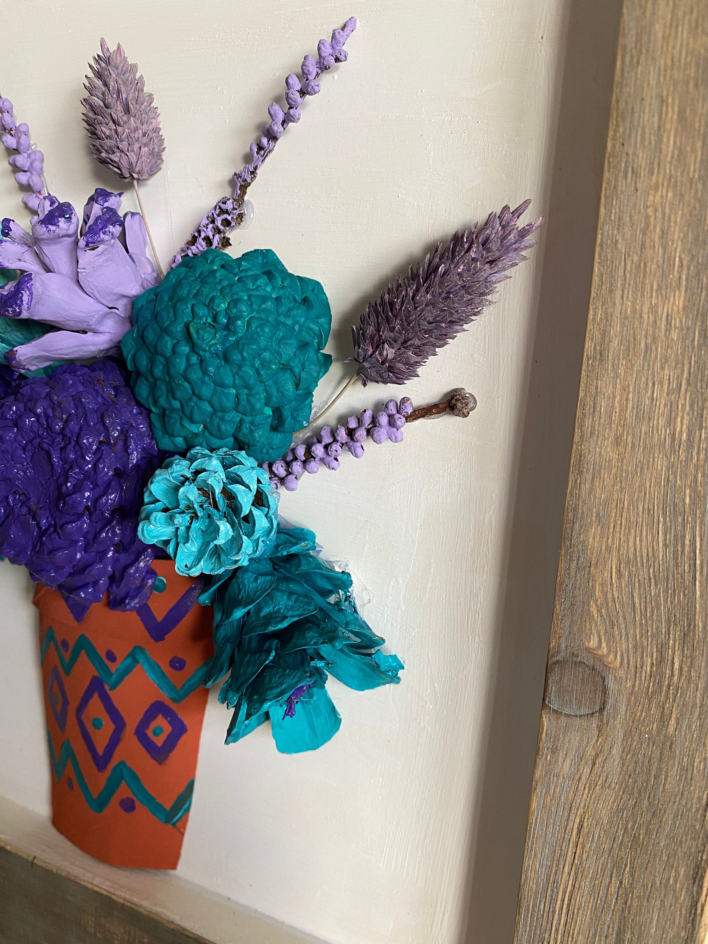 Wall Hanging - Pine Cone Flowers in Terra Cotta Pot - Purple, Aqua & Turquoise Flowers with dried flower accents navajo design
