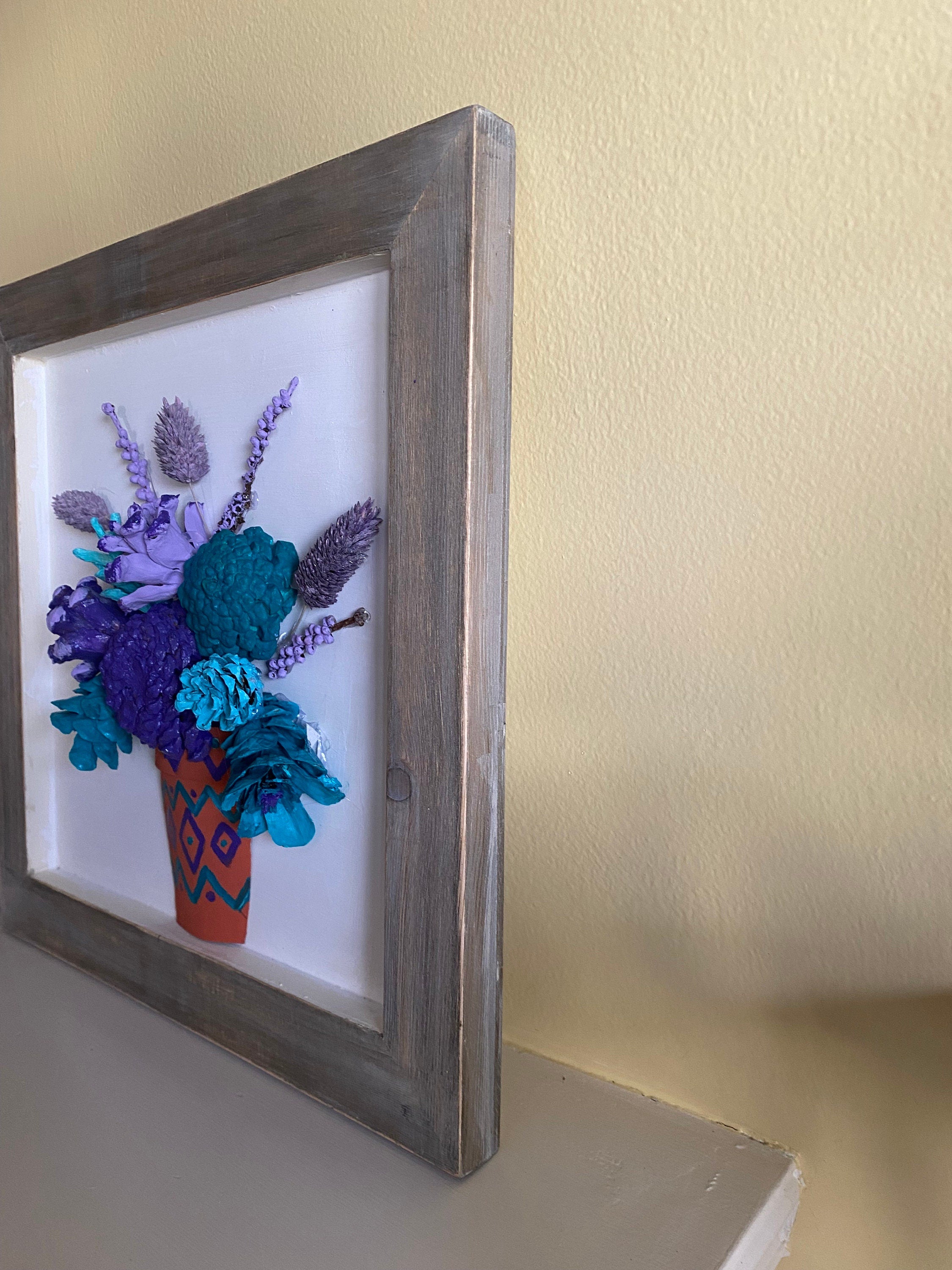 Wall Hanging - Pine Cone Flowers in Terra Cotta Pot - Purple, Aqua & Turquoise Flowers with dried flower accents navajo design