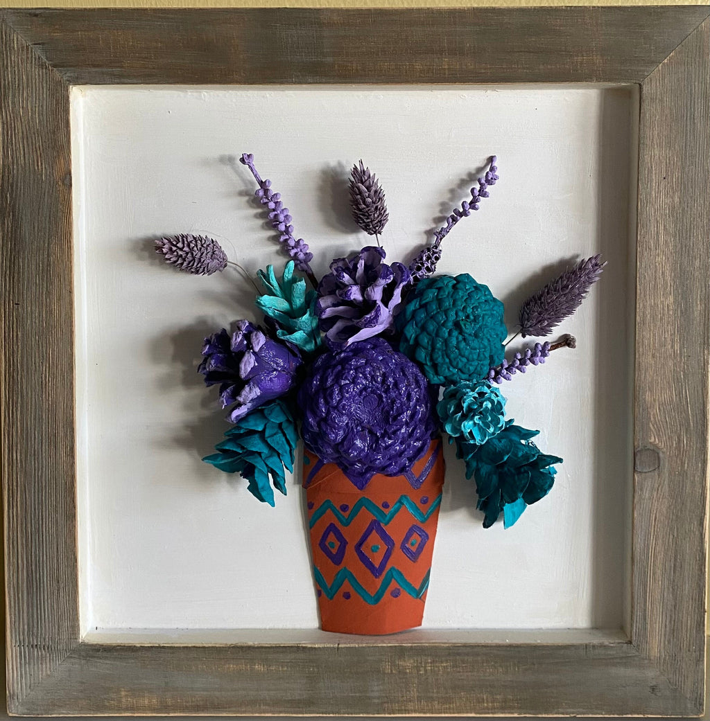 Wall Hanging - Pine Cone Flowers in Terra Cotta Pot - Purple, Aqua & Turquoise Flowers with dried flower accents navajo design