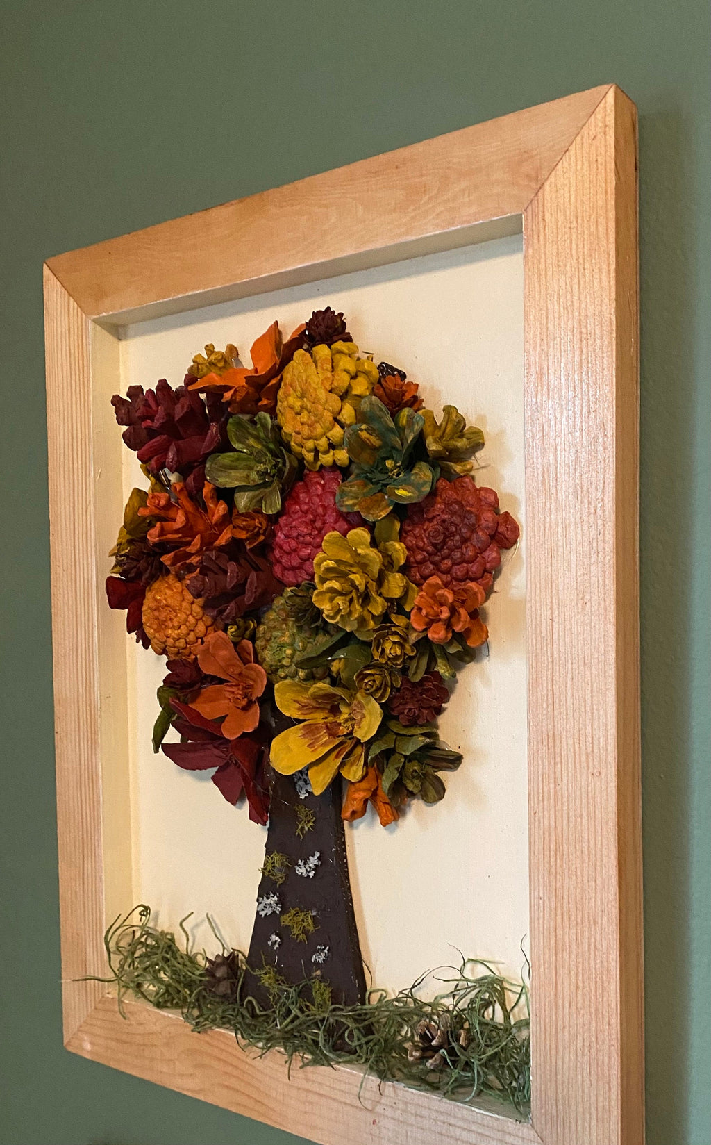 Wall Hanging Pine Cone Tree Autumn Colors Wood Frame