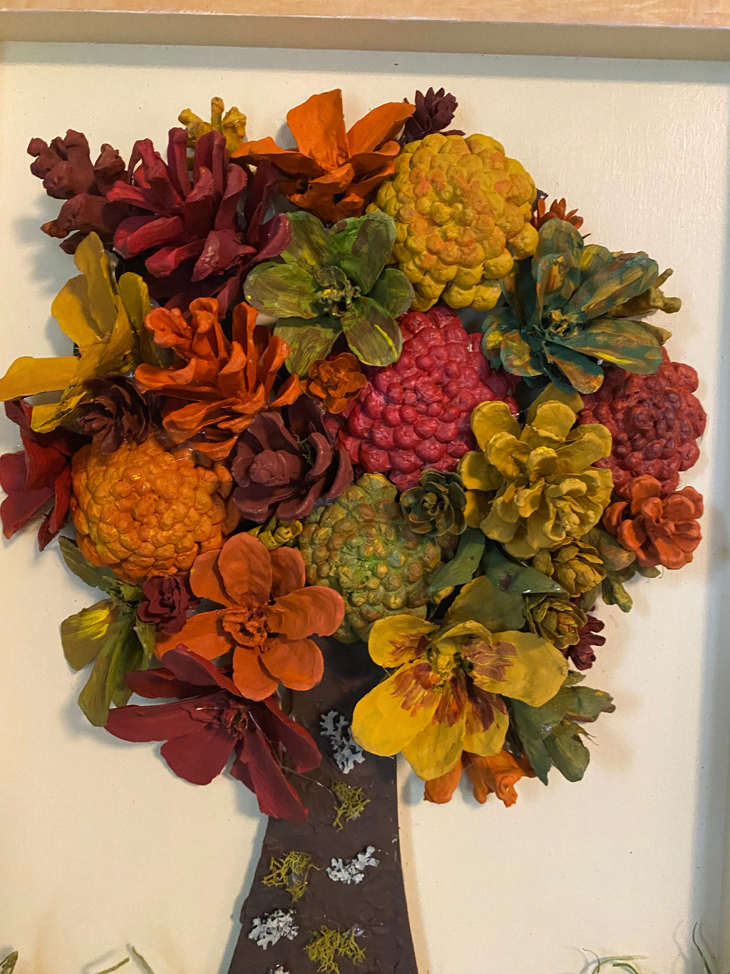 Wall Hanging Pine Cone Tree Autumn Colors Wood Frame