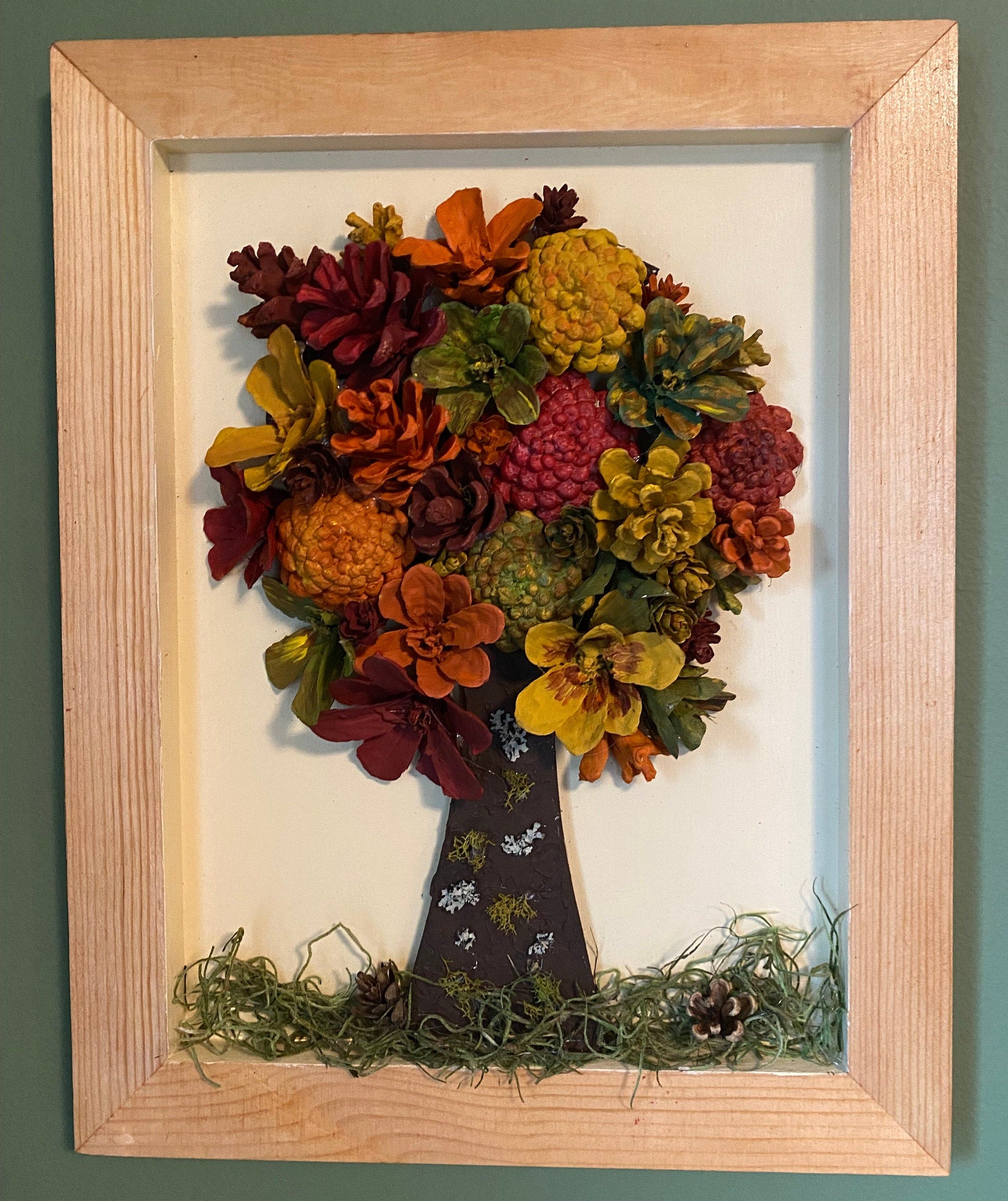 Wall Hanging Pine Cone Tree Autumn Colors Wood Frame