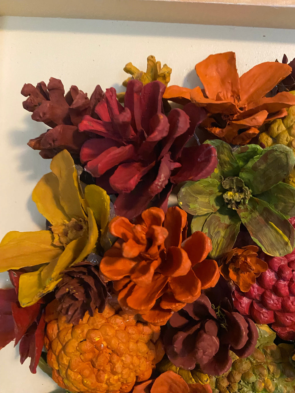 Wall Hanging Pine Cone Tree Autumn Colors Wood Frame