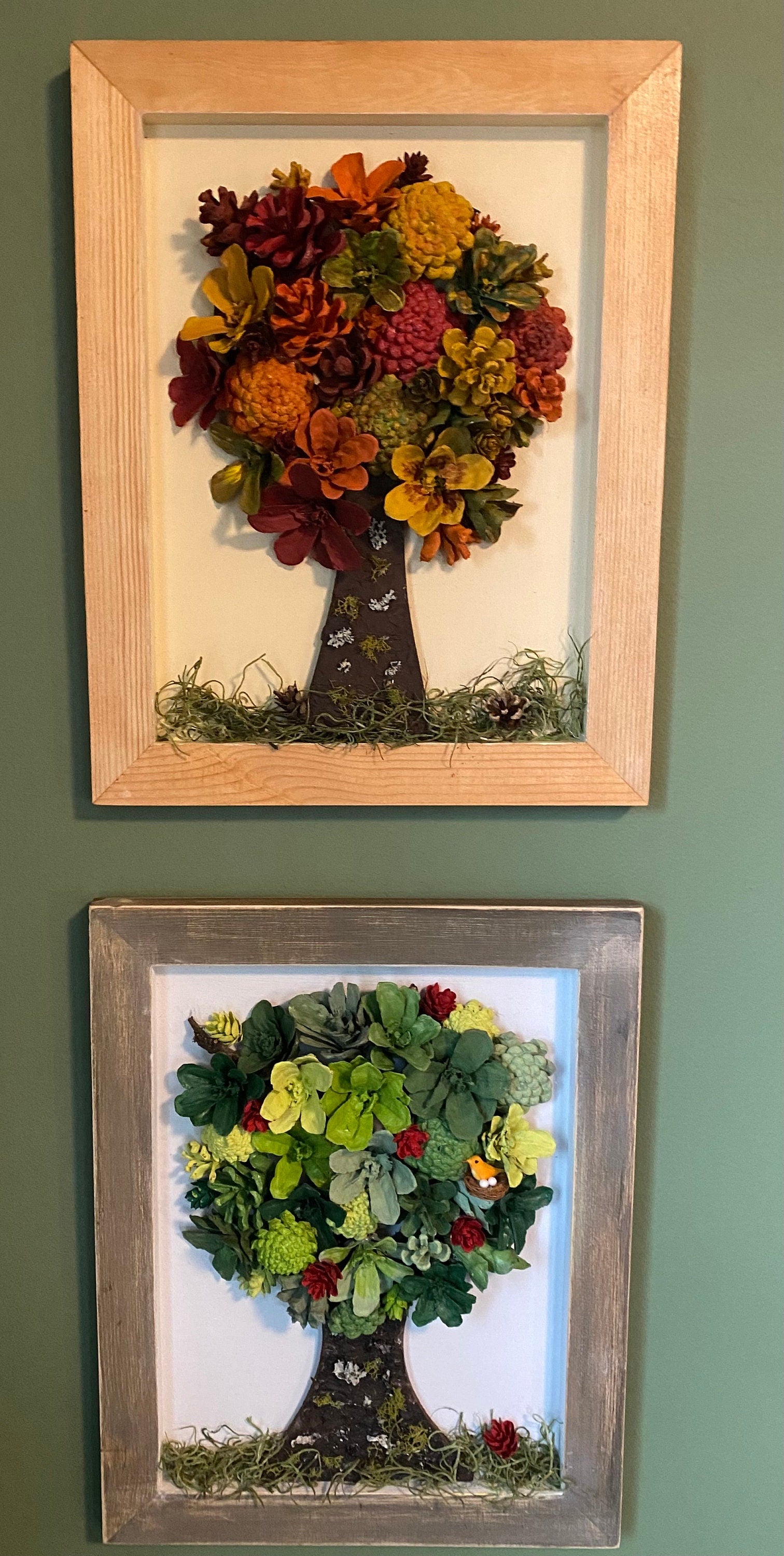 Wall Hanging Pine Cone Tree Autumn Colors Wood Frame