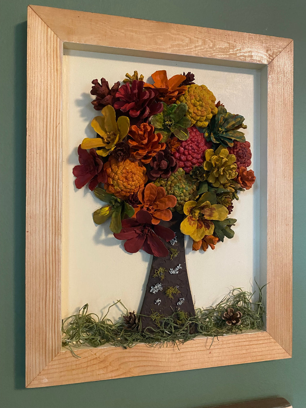 Wall Hanging Pine Cone Tree Autumn Colors Wood Frame