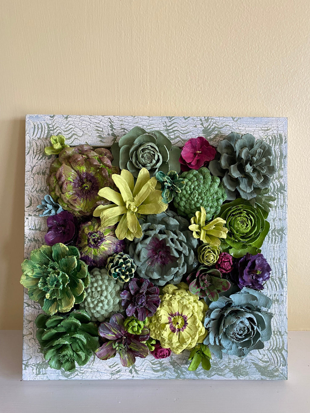 Wall Hanging Wall Art - Original Natural Hand Painted Pine Cone Flowers Succulent Garden - Ready to hang on your wall
