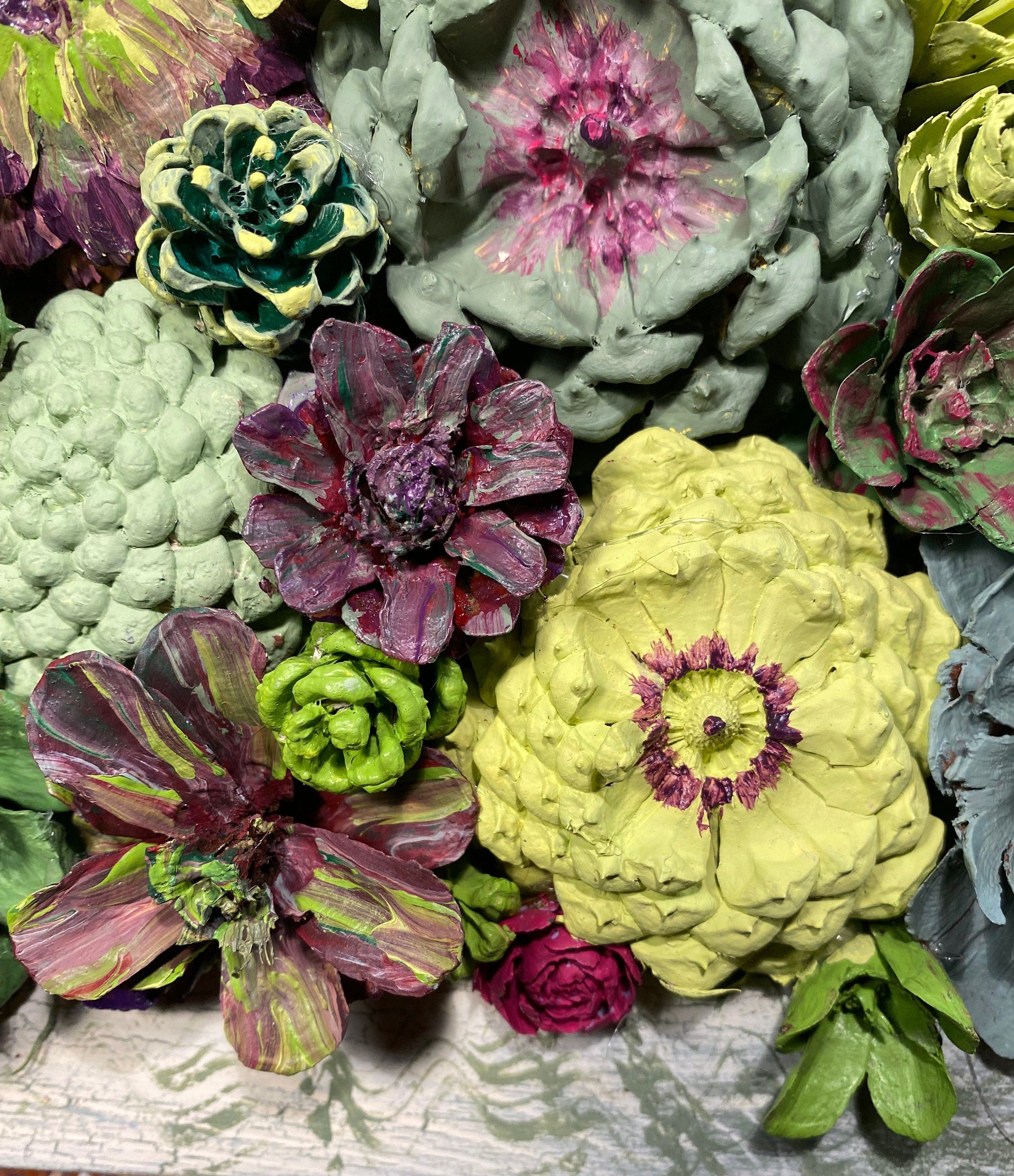 Wall Hanging Wall Art - Original Natural Hand Painted Pine Cone Flowers Succulent Garden - Ready to hang on your wall