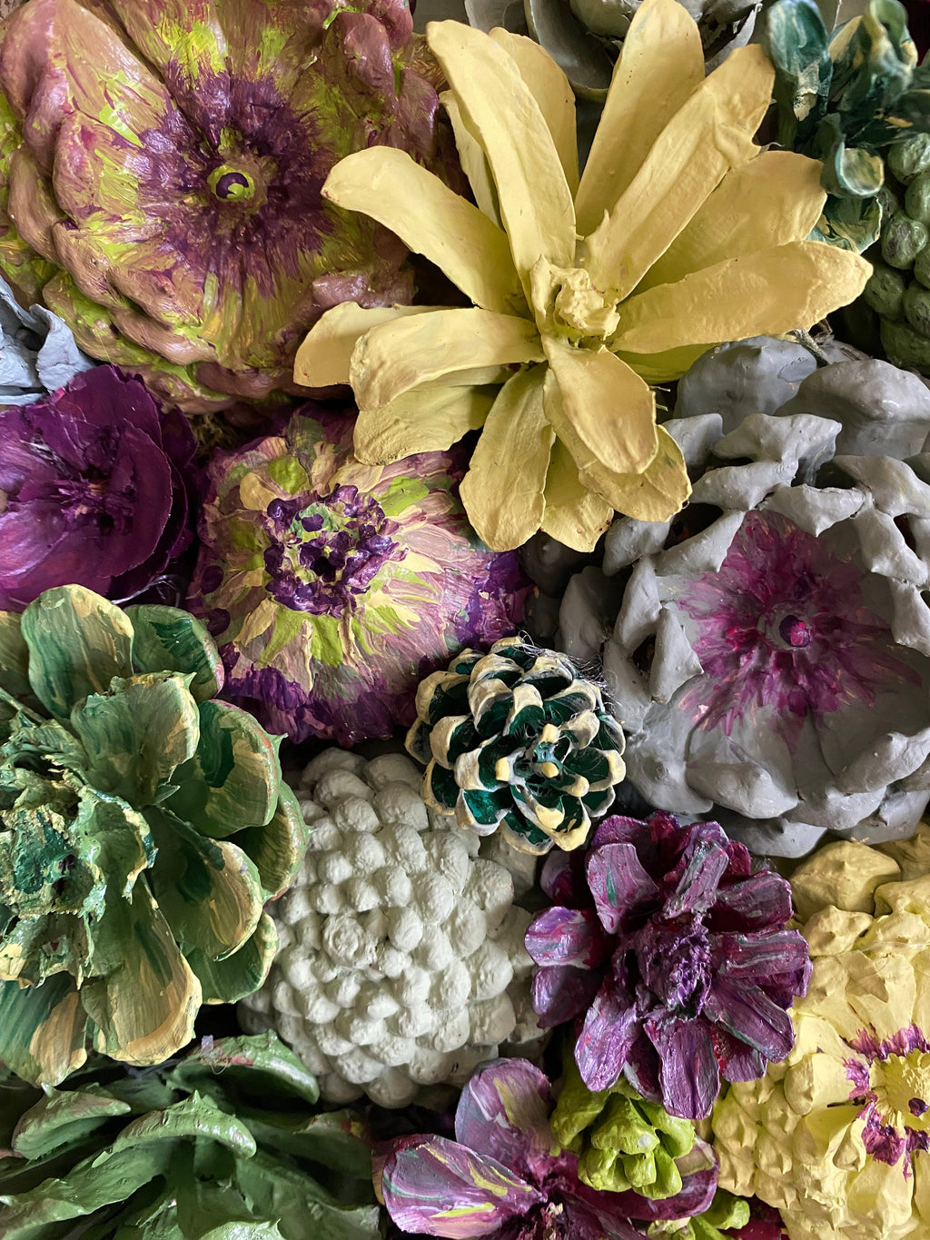 Wall Hanging Wall Art - Original Natural Hand Painted Pine Cone Flowers Succulent Garden - Ready to hang on your wall