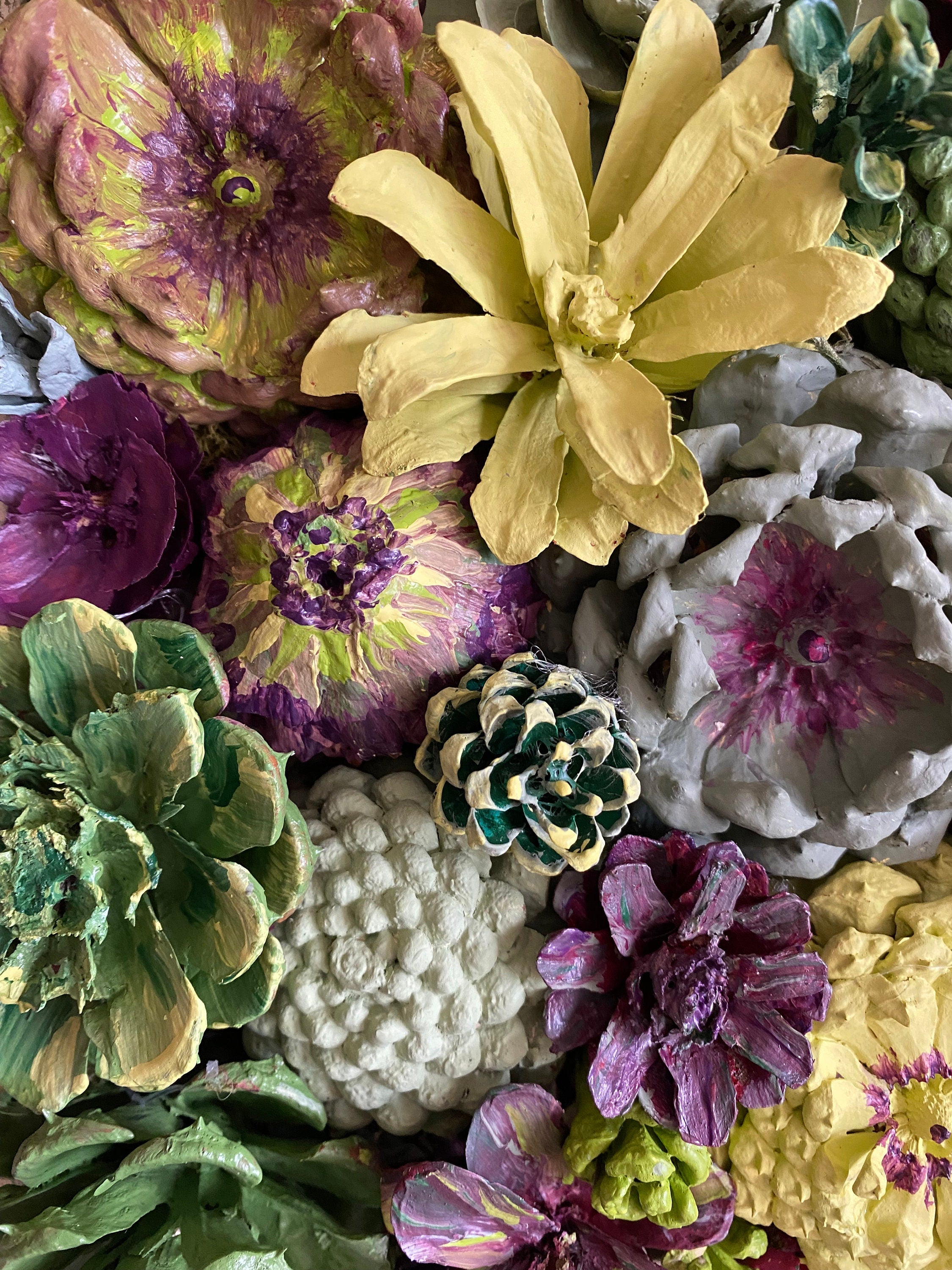 Wall Hanging Wall Art - Original Natural Hand Painted Pine Cone Flowers Succulent Garden - Ready to hang on your wall