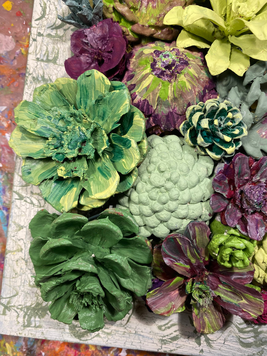 Wall Hanging Wall Art - Original Natural Hand Painted Pine Cone Flowers Succulent Garden - Ready to hang on your wall