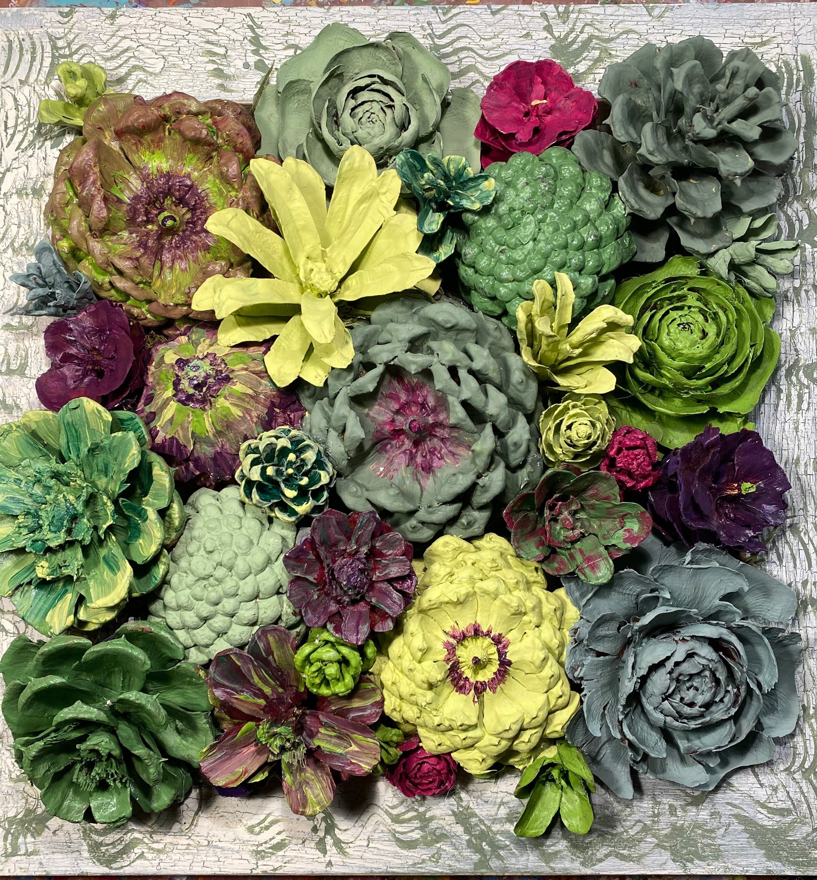 Wall Hanging Wall Art - Original Natural Hand Painted Pine Cone Flowers Succulent Garden - Ready to hang on your wall