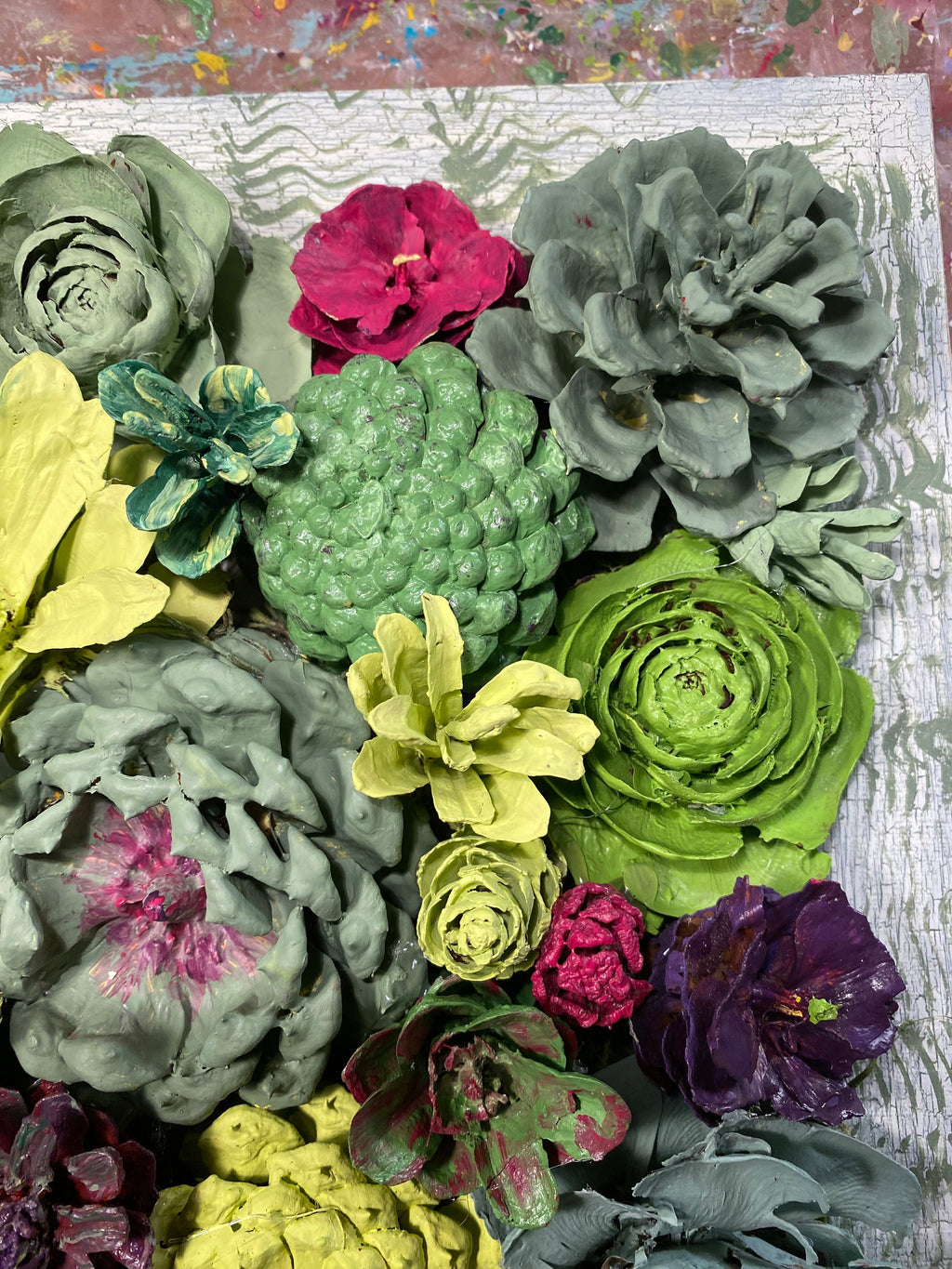 Wall Hanging Wall Art - Original Natural Hand Painted Pine Cone Flowers Succulent Garden - Ready to hang on your wall