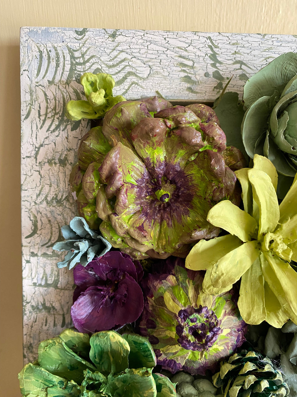 Wall Hanging Wall Art - Original Natural Hand Painted Pine Cone Flowers Succulent Garden - Ready to hang on your wall