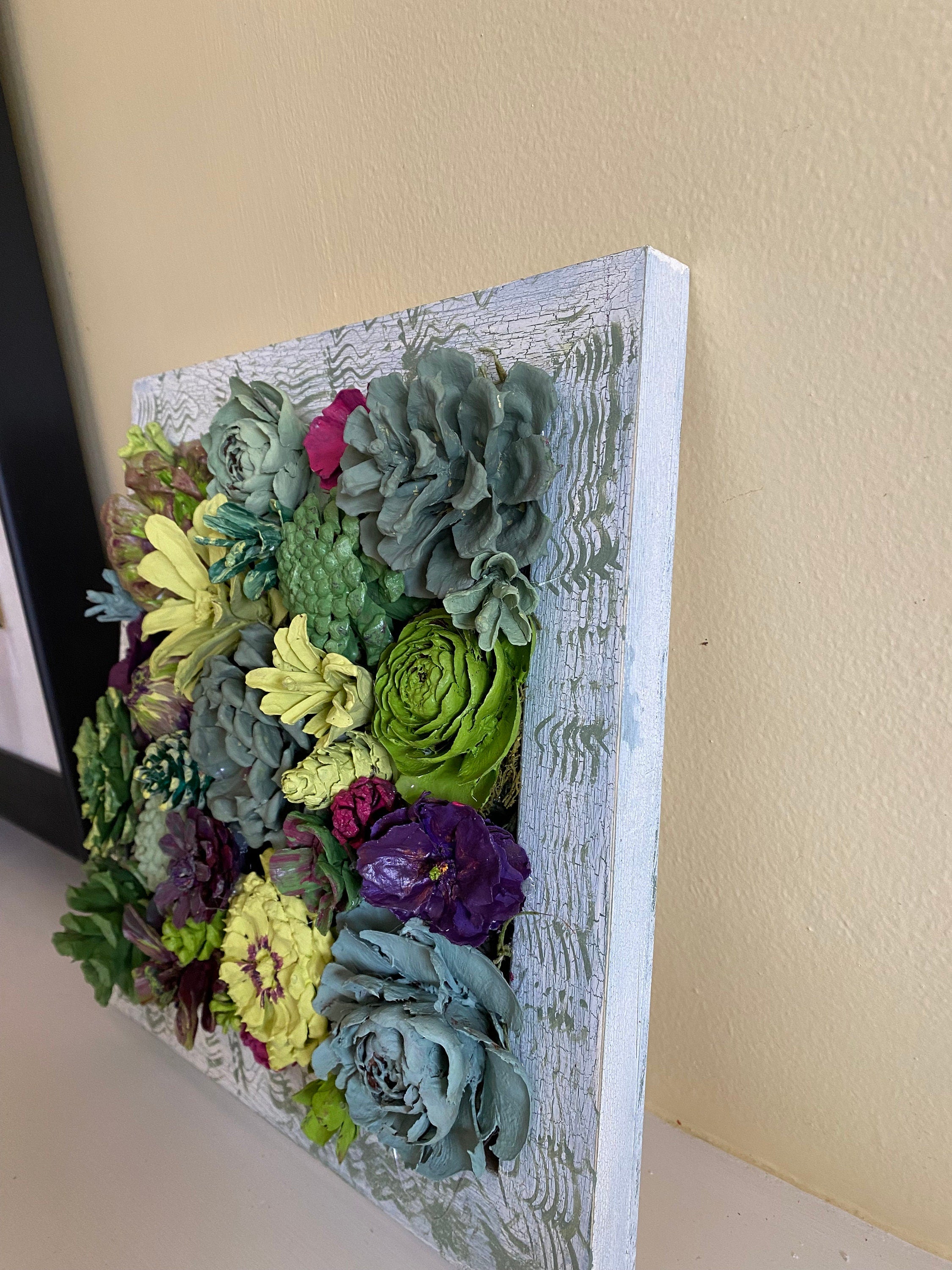 Wall Hanging Wall Art - Original Natural Hand Painted Pine Cone Flowers Succulent Garden - Ready to hang on your wall