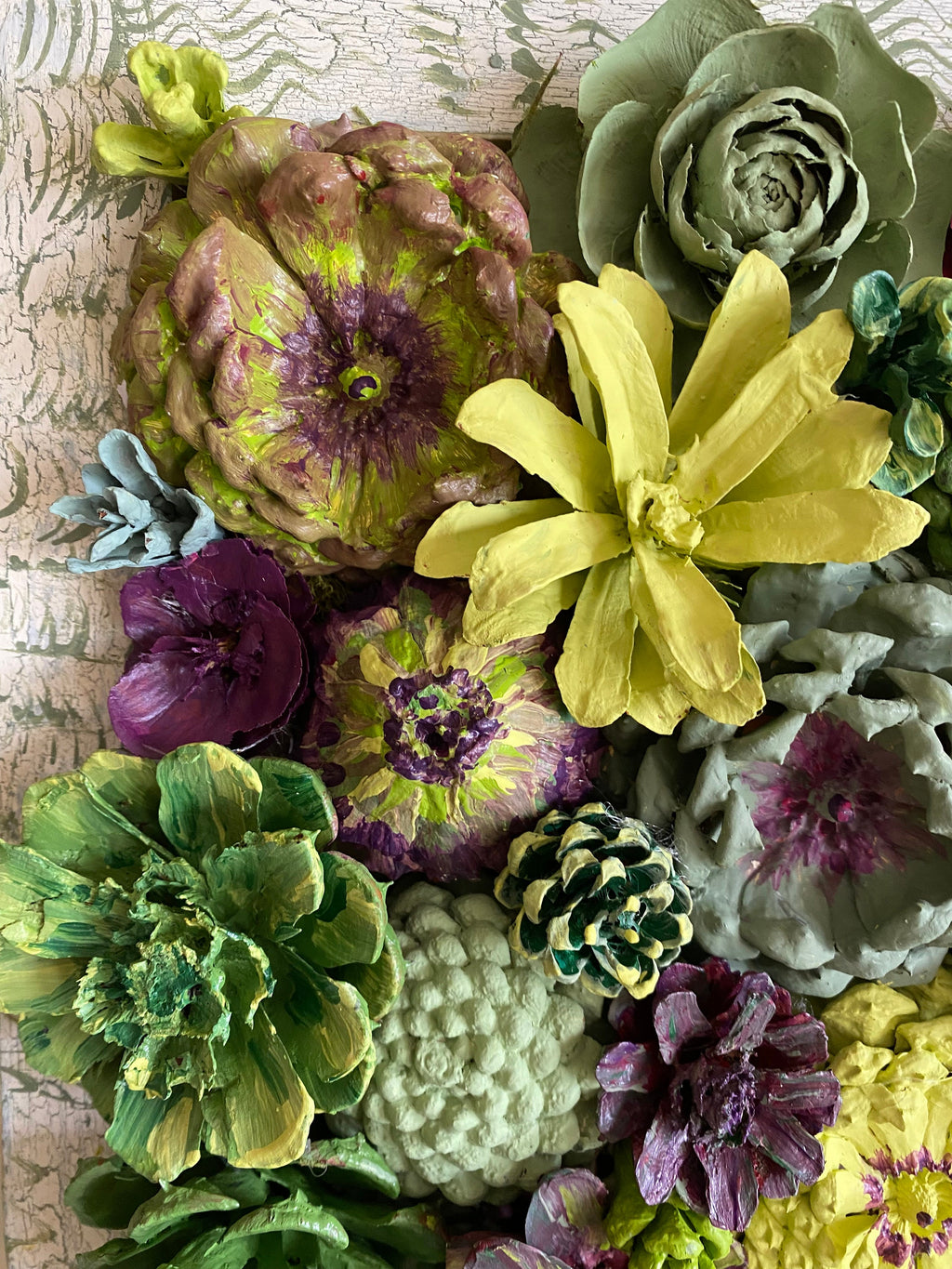 Wall Hanging Wall Art - Original Natural Hand Painted Pine Cone Flowers Succulent Garden - Ready to hang on your wall