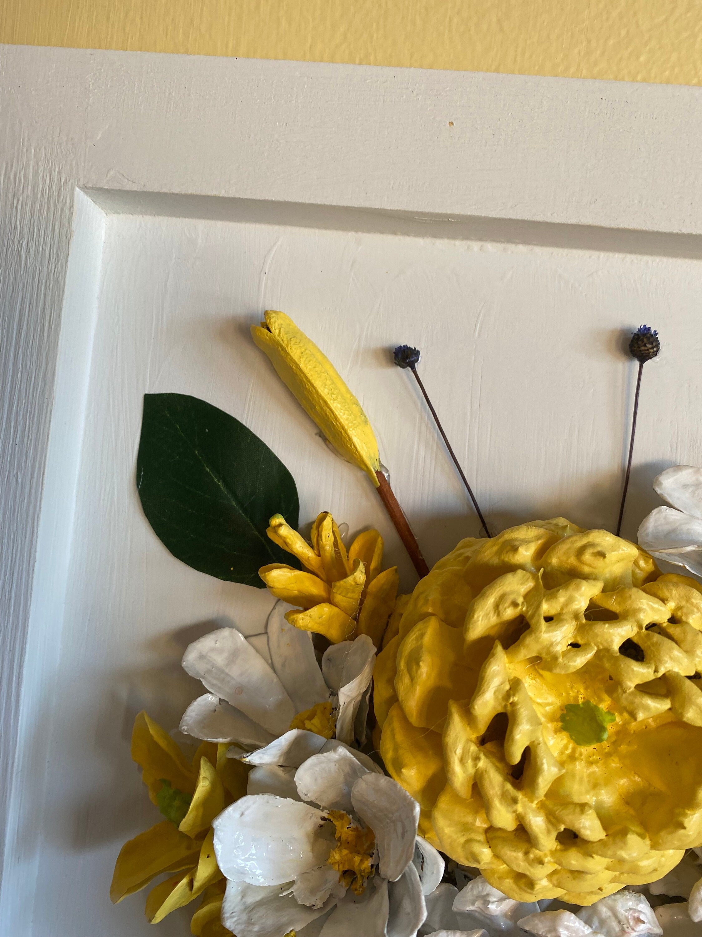 Wall Hanging - Hand painted Pine Cone Flowers yellow and white bouquet - Mother's Day