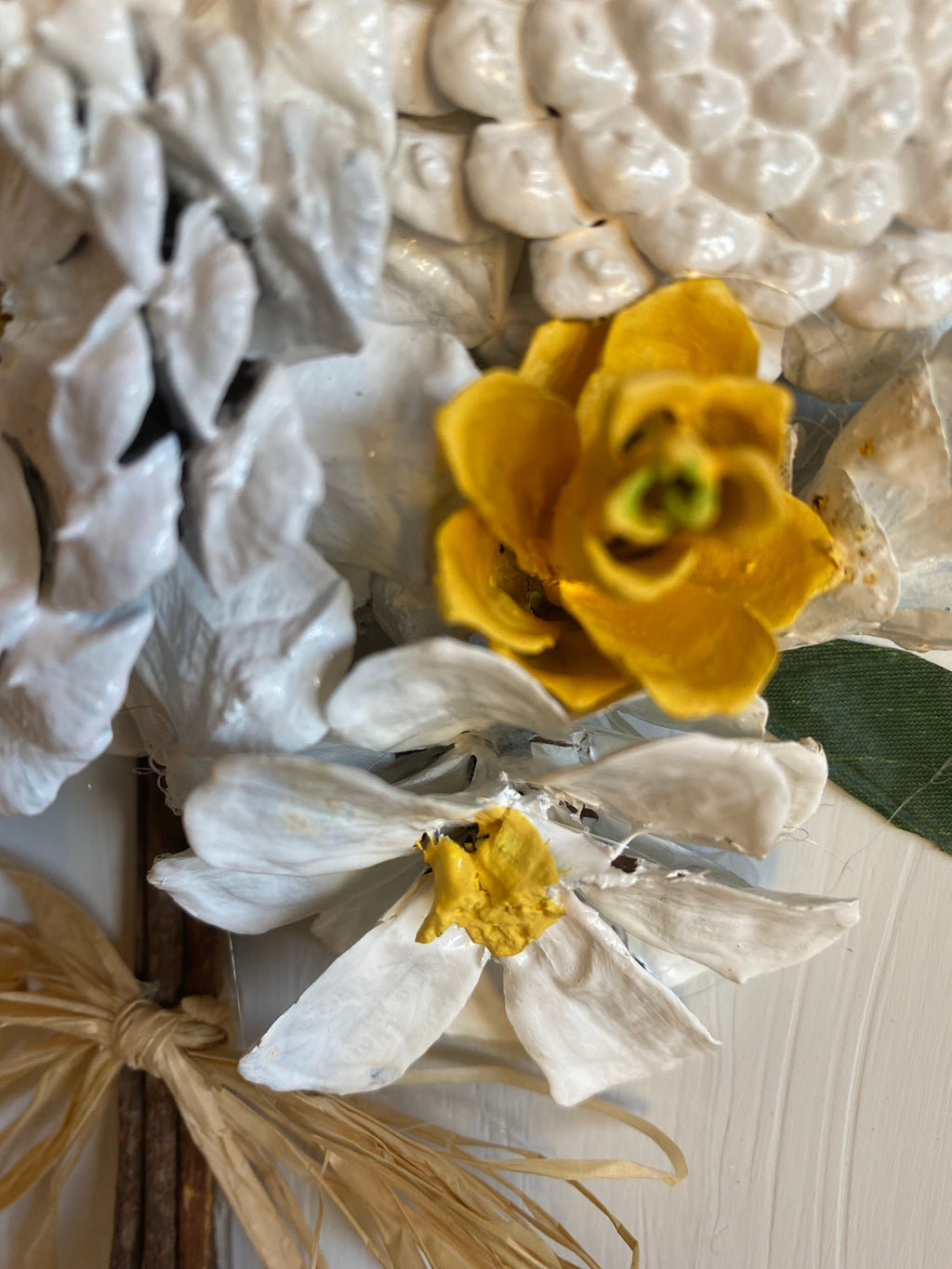 Wall Hanging - Hand painted Pine Cone Flowers yellow and white bouquet - Mother's Day