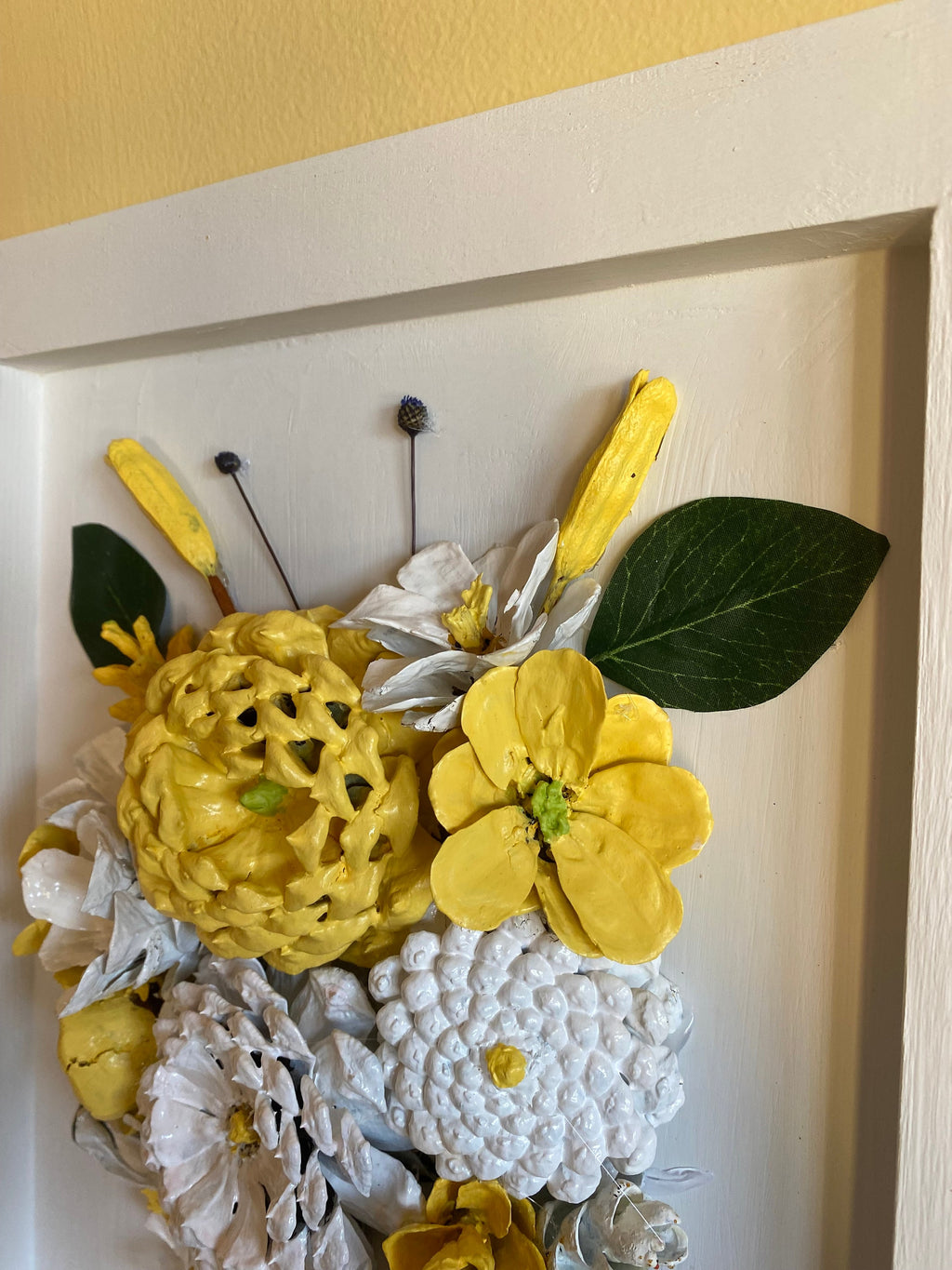 Wall Hanging - Hand painted Pine Cone Flowers yellow and white bouquet - Mother's Day