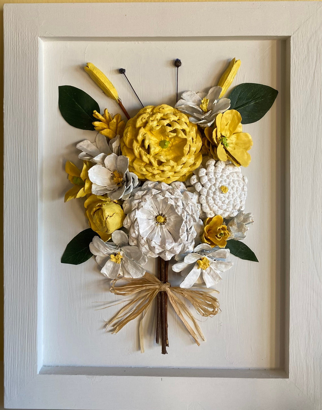 Wall Hanging - Hand painted Pine Cone Flowers yellow and white bouquet - Mother's Day