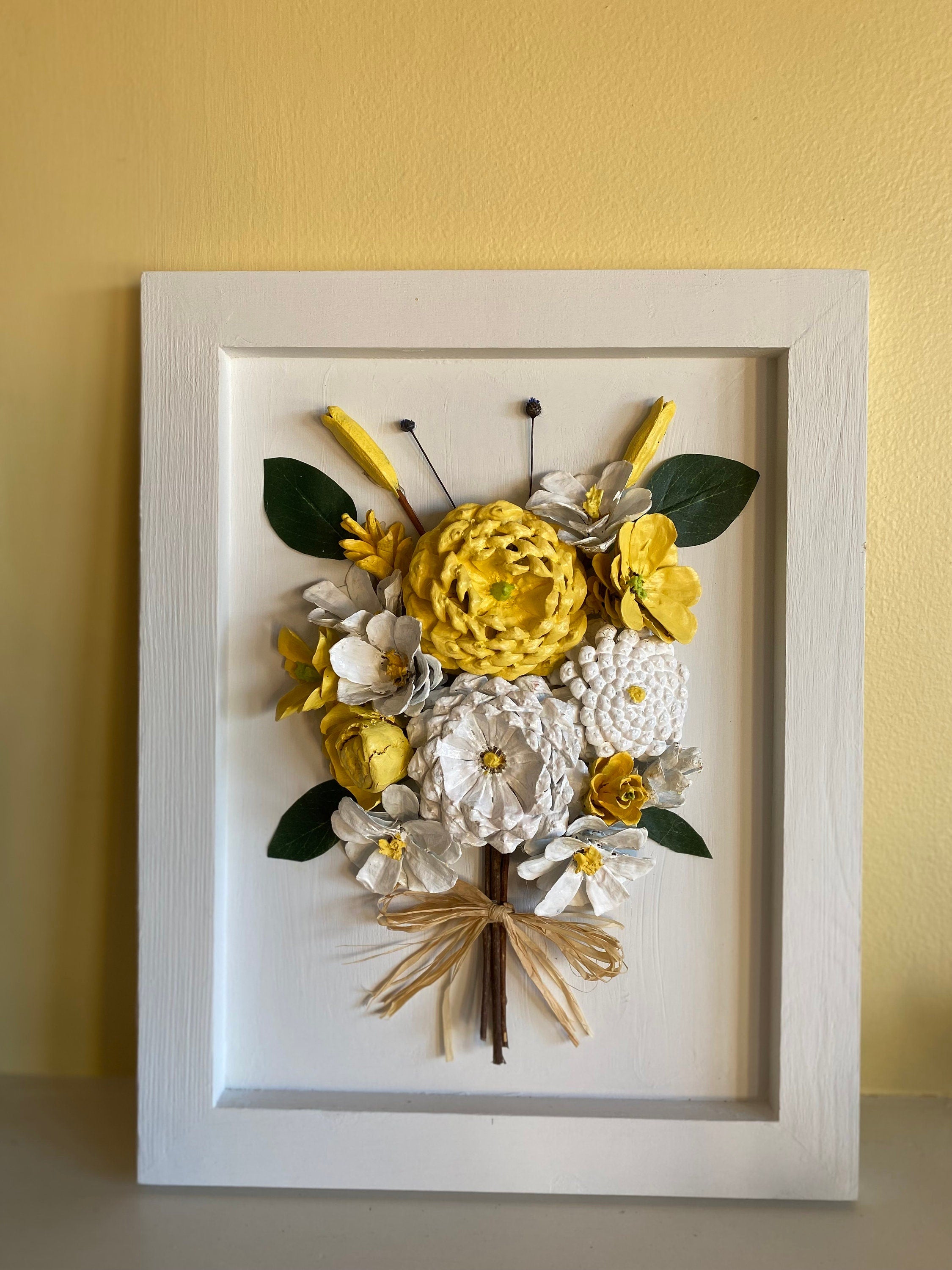 Wall Hanging - Hand painted Pine Cone Flowers yellow and white bouquet - Mother's Day
