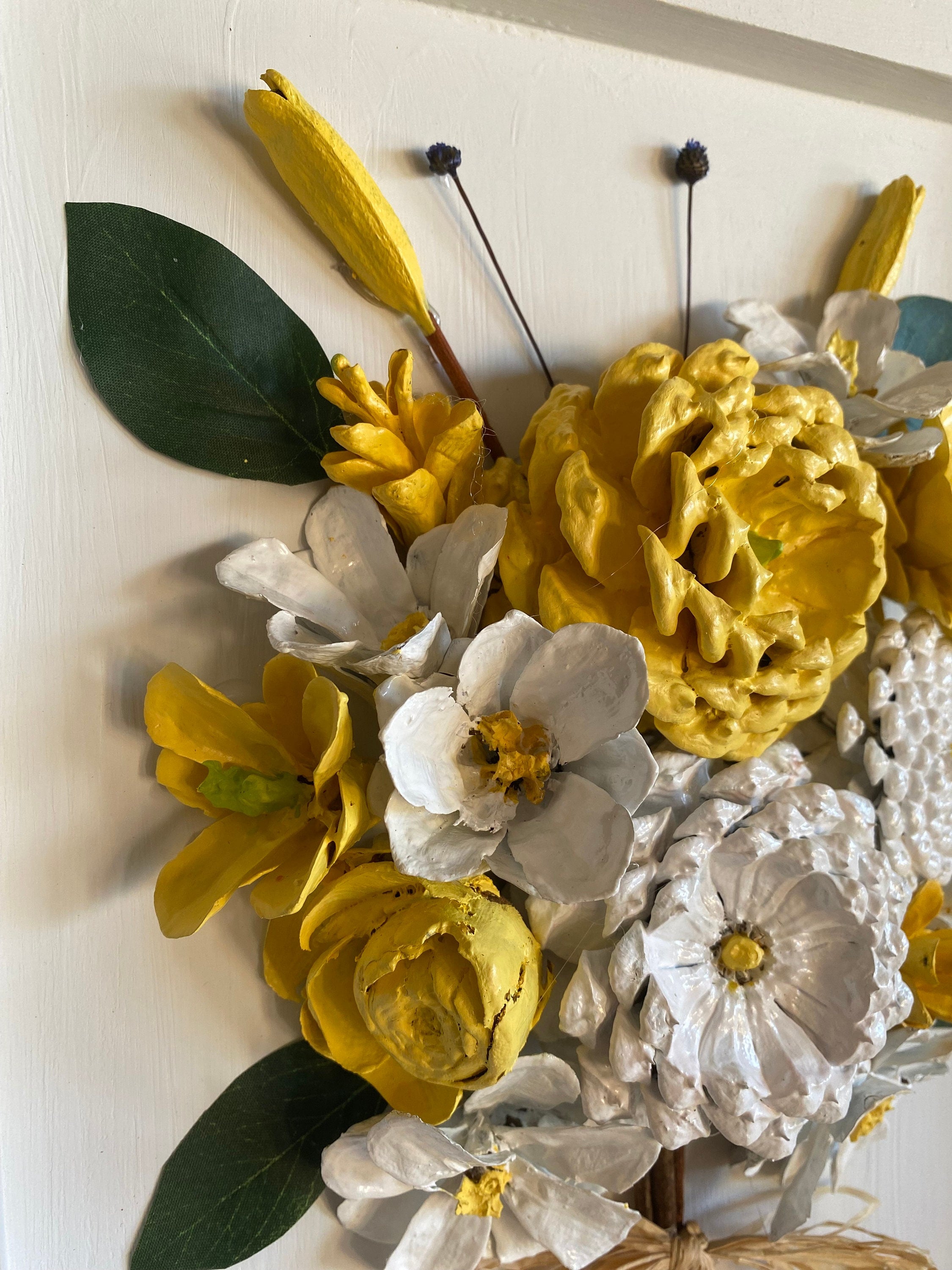 Wall Hanging - Hand painted Pine Cone Flowers yellow and white bouquet - Mother's Day