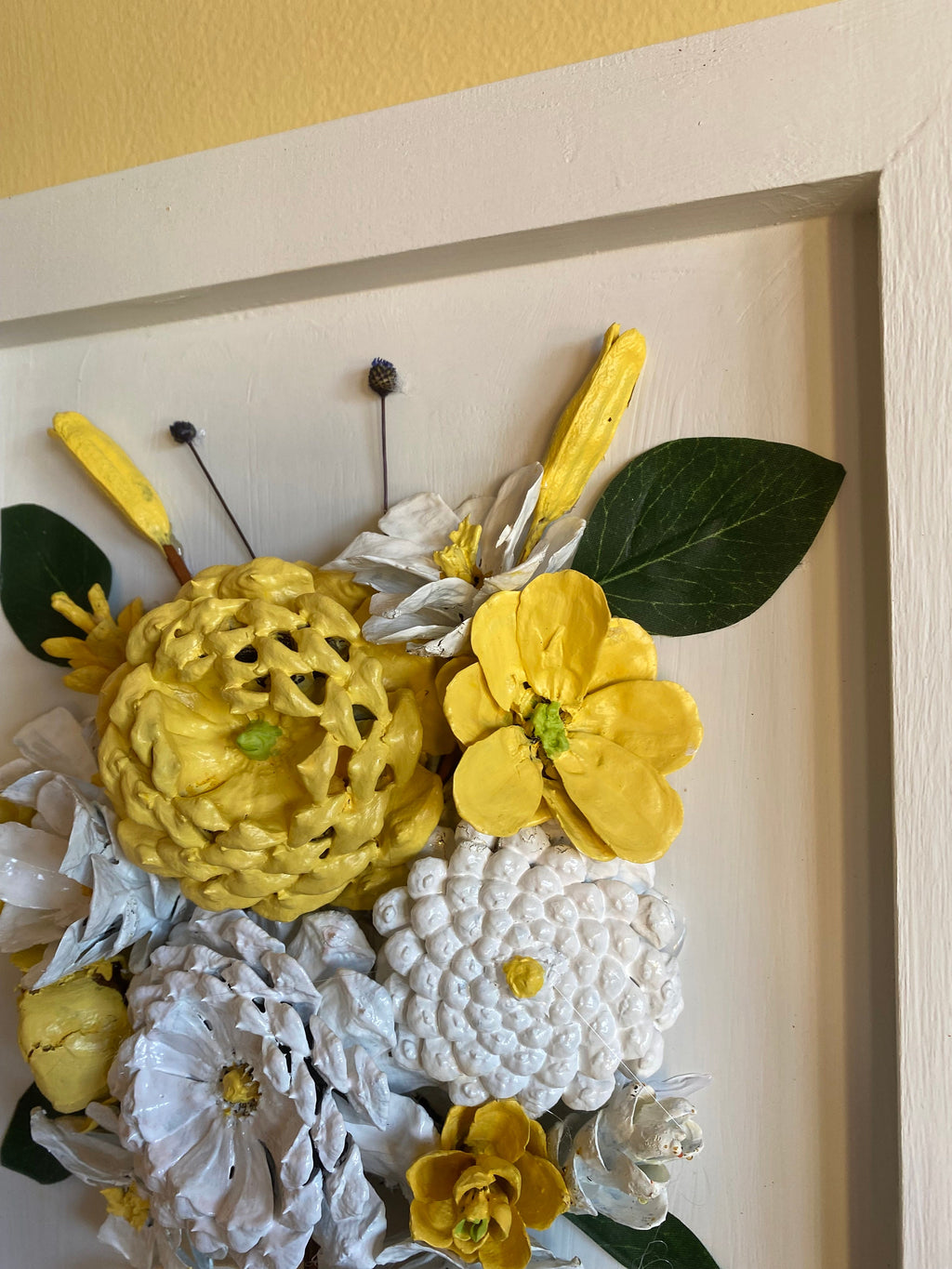 Wall Hanging - Hand painted Pine Cone Flowers yellow and white bouquet - Mother's Day