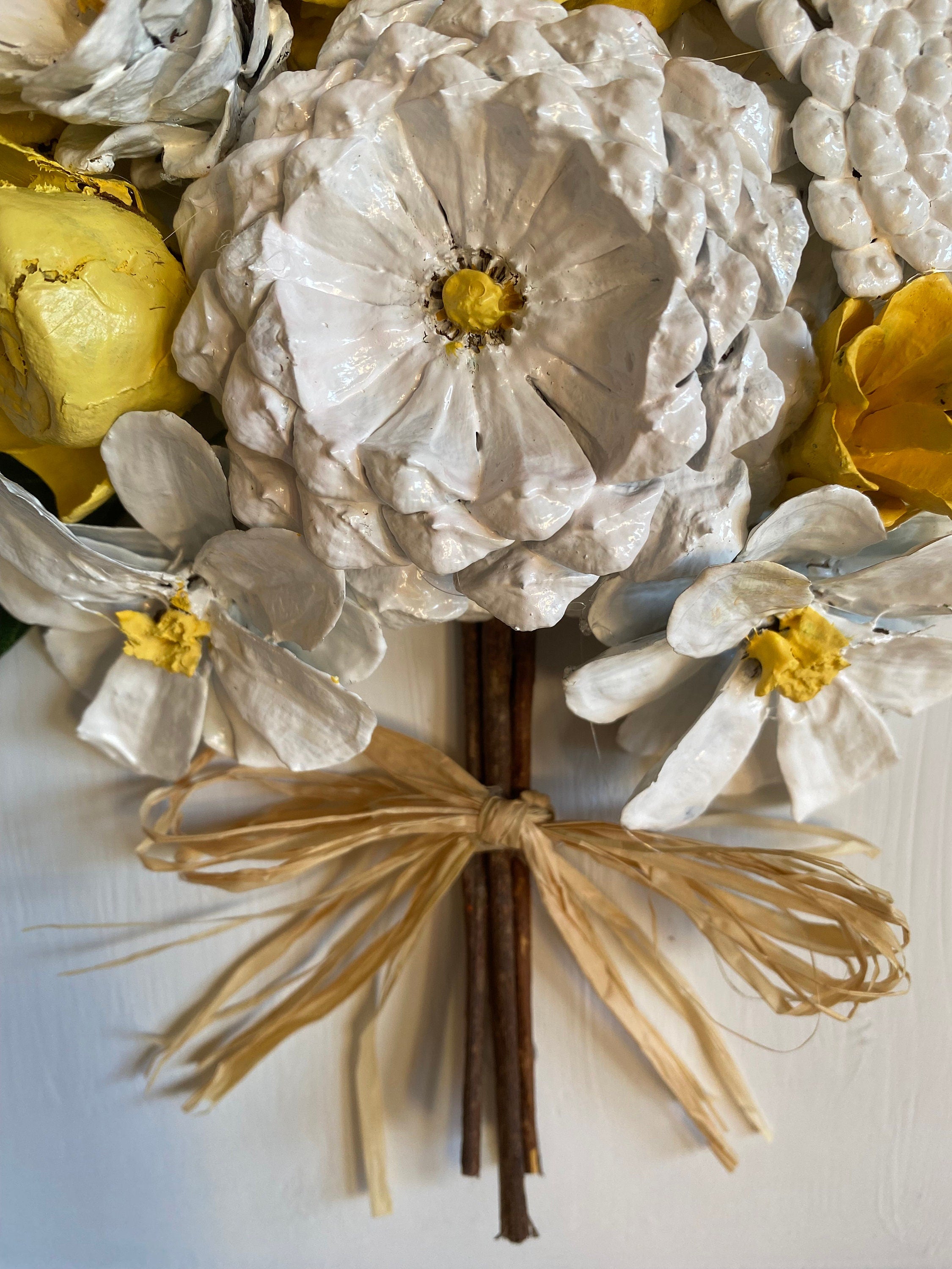 Wall Hanging - Hand painted Pine Cone Flowers yellow and white bouquet - Mother's Day