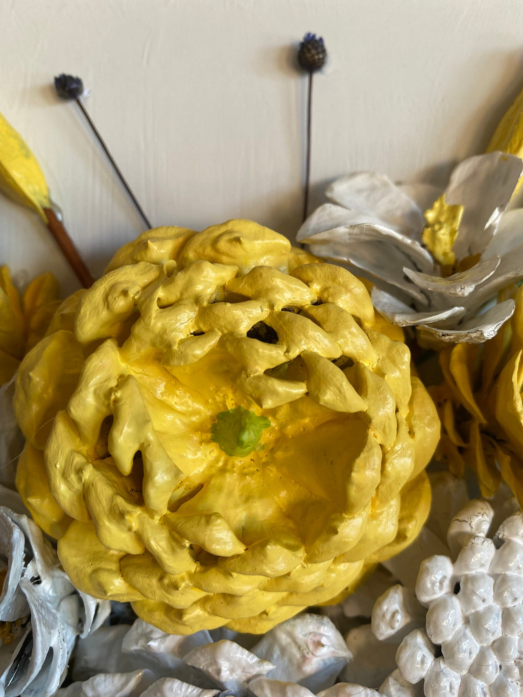 Wall Hanging - Hand painted Pine Cone Flowers yellow and white bouquet - Mother's Day