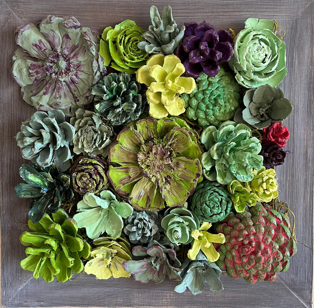 Wall Hanging Wall Art - Original Natural Hand Painted Pine Cone Flowers Succulent Garden - Ready to hang on your wall