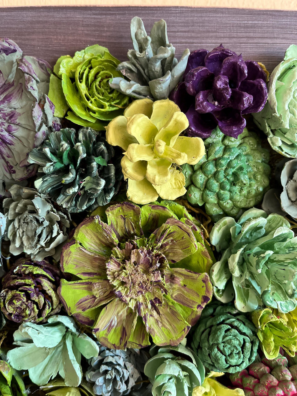 Wall Hanging Wall Art - Original Natural Hand Painted Pine Cone Flowers Succulent Garden - Ready to hang on your wall