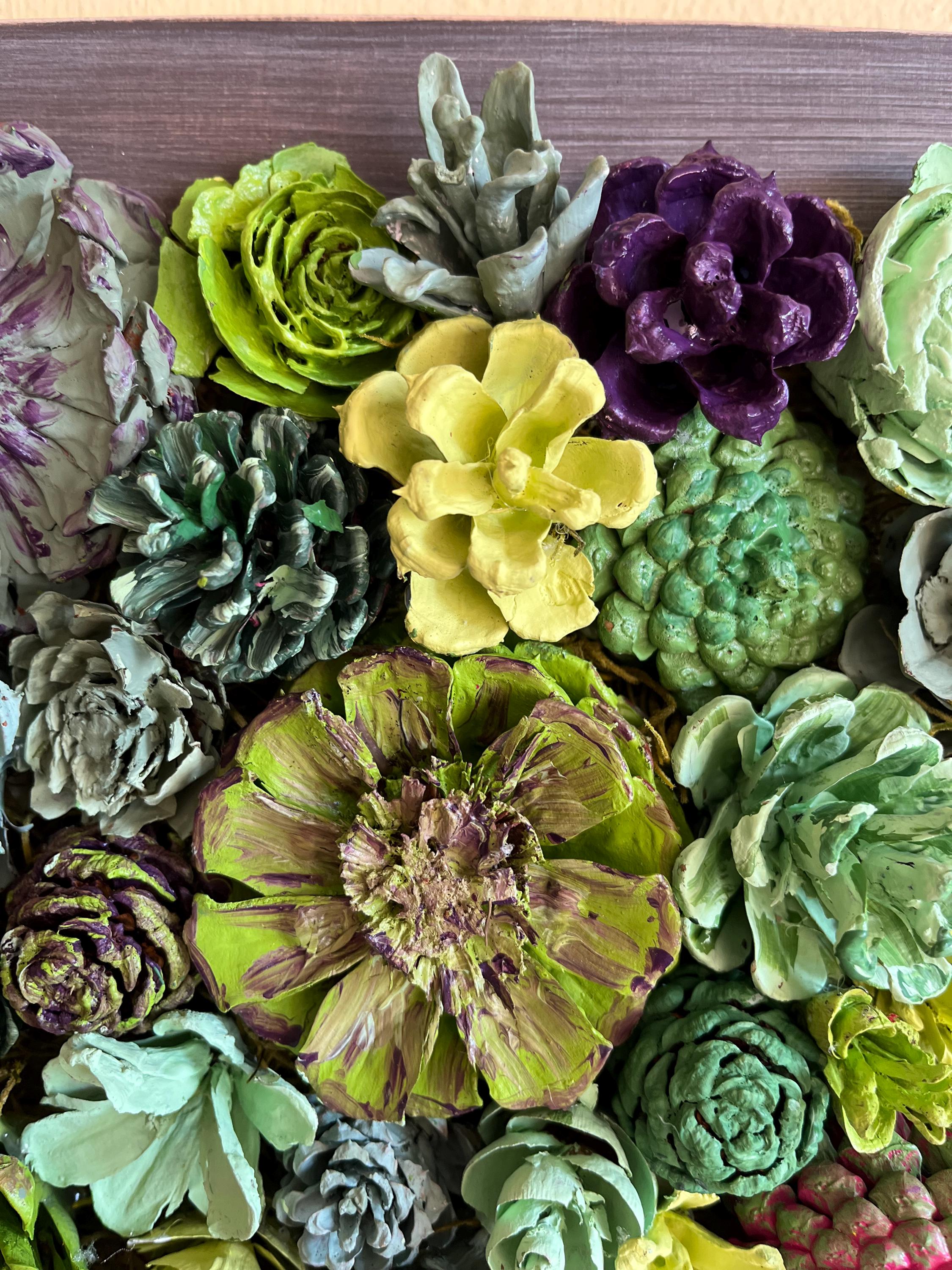 Wall Hanging Wall Art - Original Natural Hand Painted Pine Cone Flowers Succulent Garden - Ready to hang on your wall