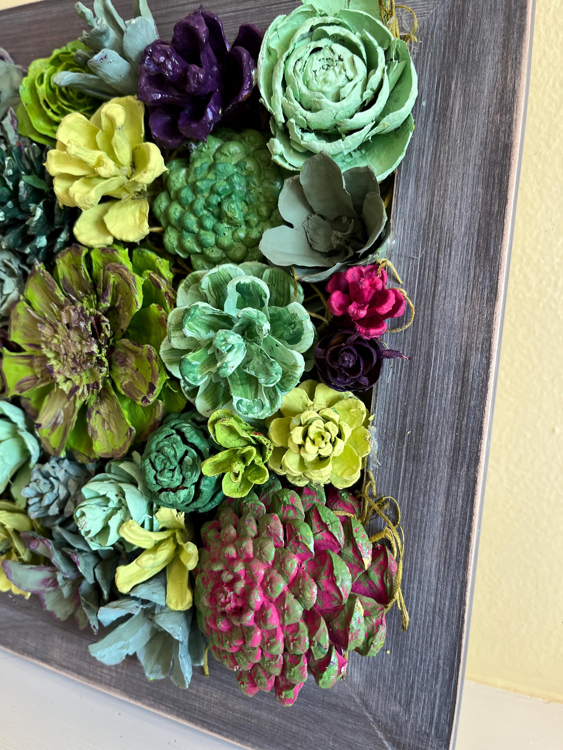 Wall Hanging Wall Art - Original Natural Hand Painted Pine Cone Flowers Succulent Garden - Ready to hang on your wall