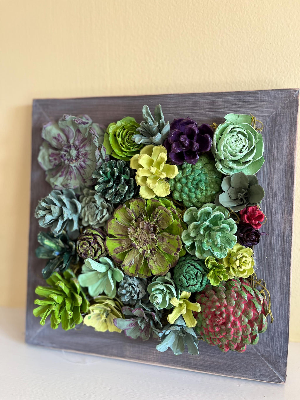 Wall Hanging Wall Art - Original Natural Hand Painted Pine Cone Flowers Succulent Garden - Ready to hang on your wall