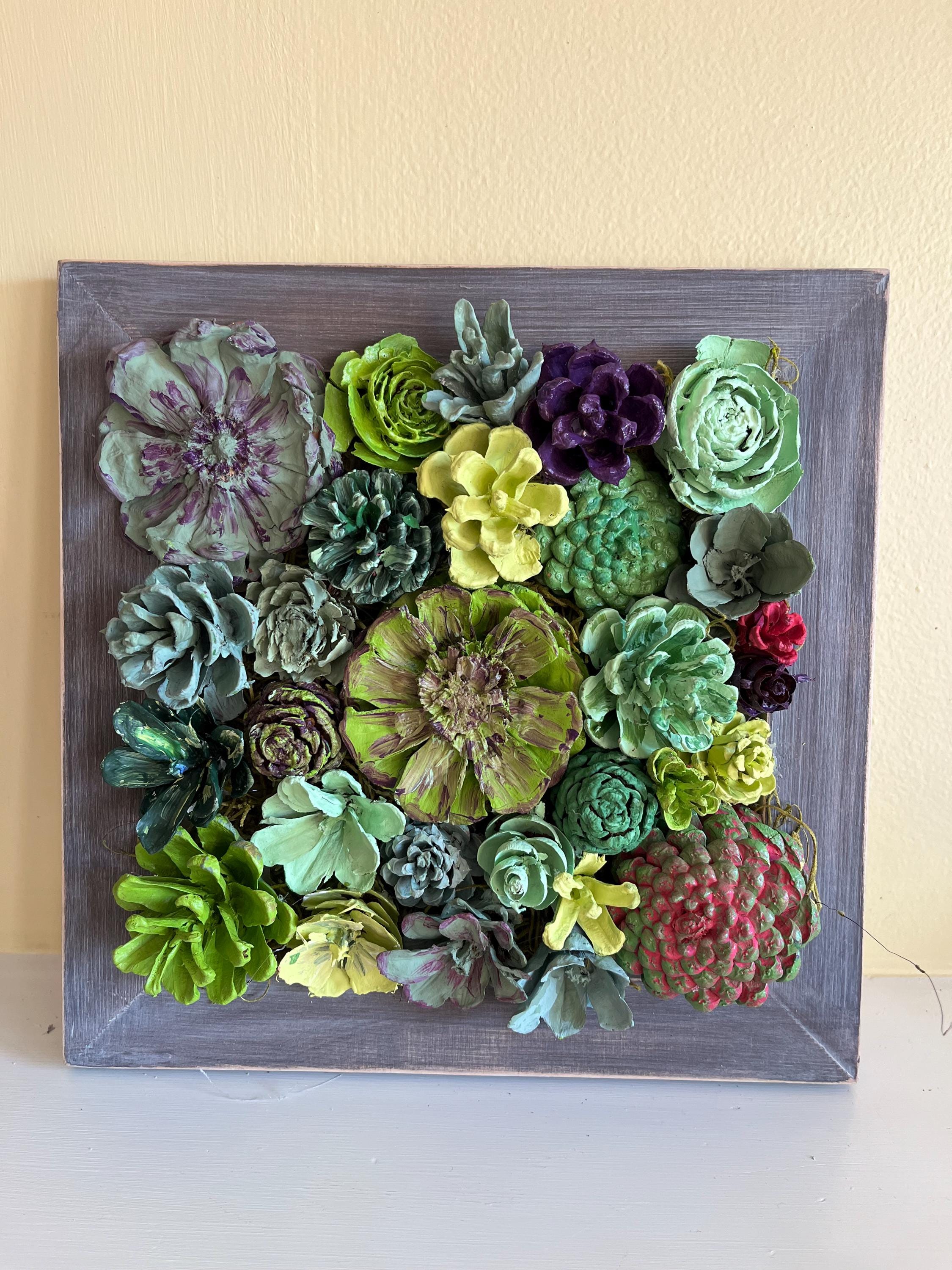 Wall Hanging Wall Art - Original Natural Hand Painted Pine Cone Flowers Succulent Garden - Ready to hang on your wall