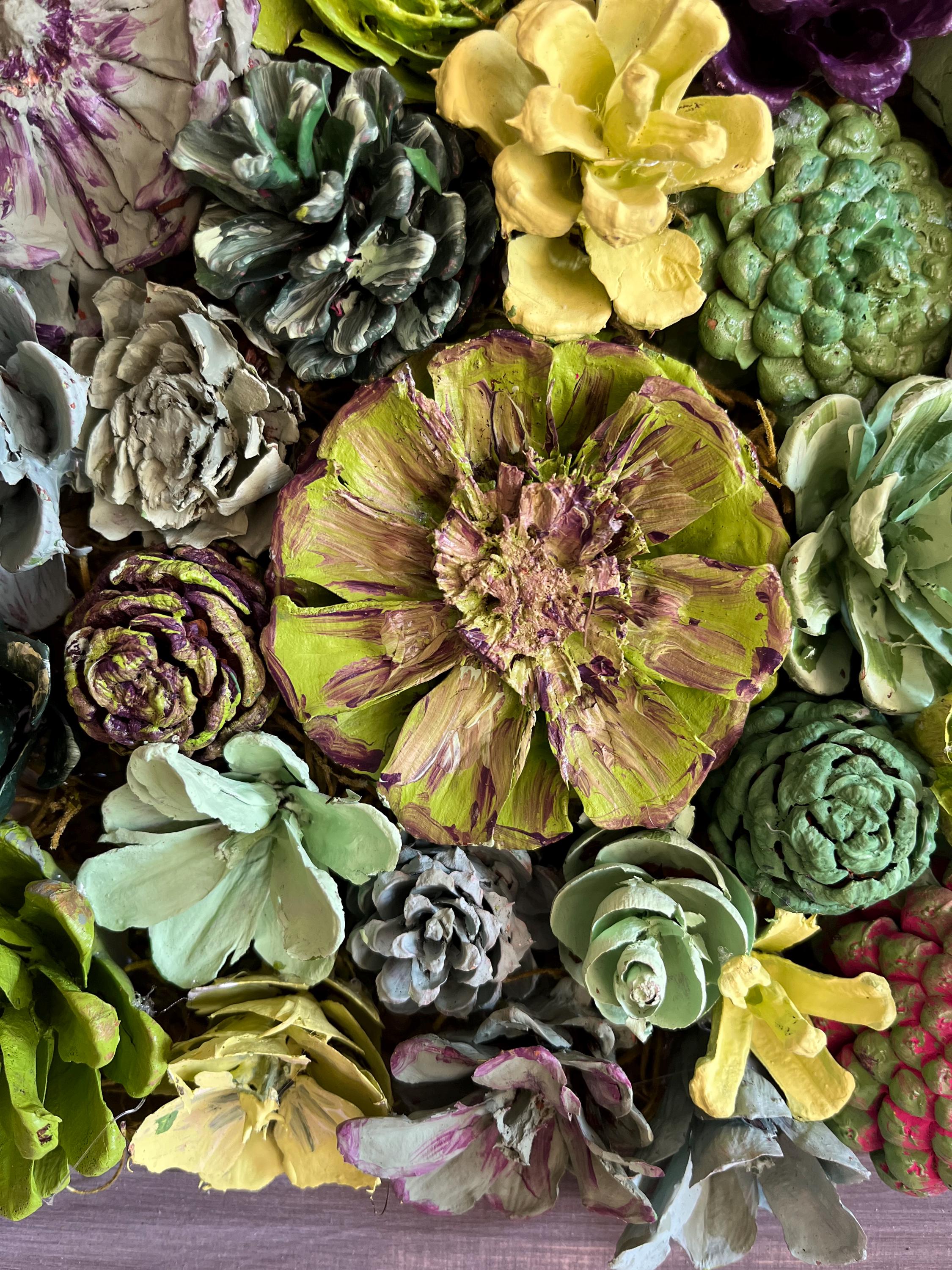 Wall Hanging Wall Art - Original Natural Hand Painted Pine Cone Flowers Succulent Garden - Ready to hang on your wall