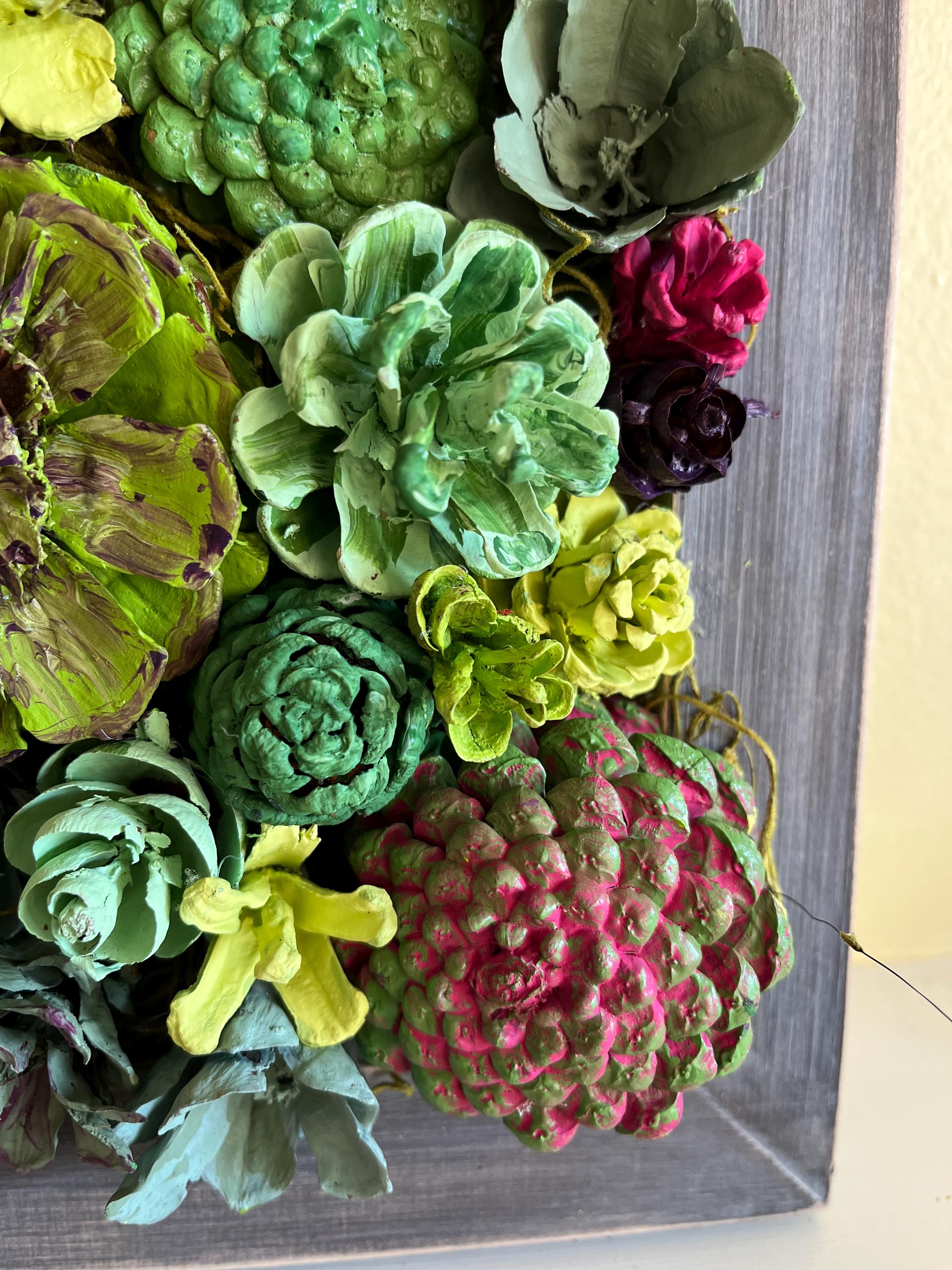 Wall Hanging Wall Art - Original Natural Hand Painted Pine Cone Flowers Succulent Garden - Ready to hang on your wall
